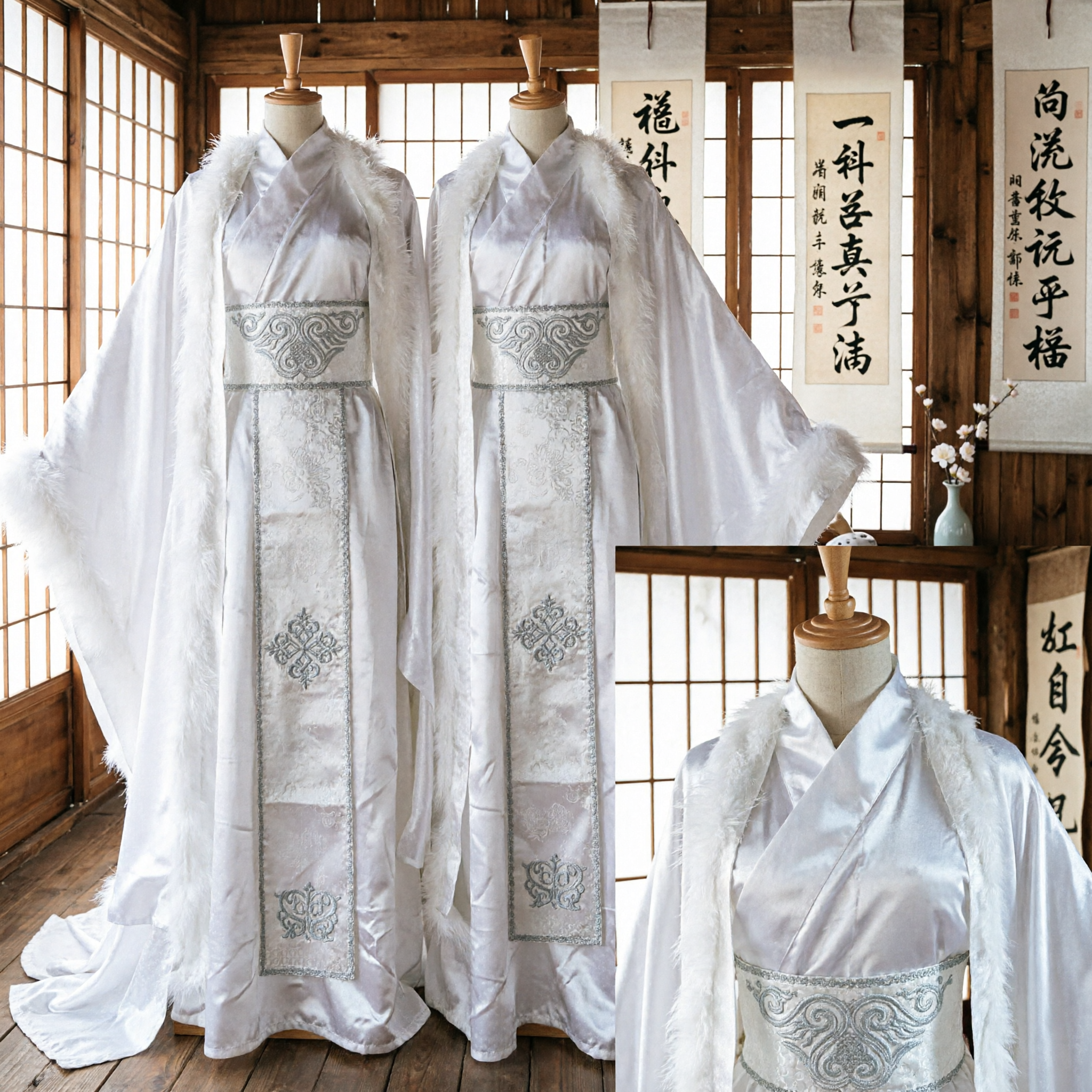 Traditional Chinese Hanfu White Fur Trim Robe Ancient Embroidered Costume for Men Historical Cosplay Performance