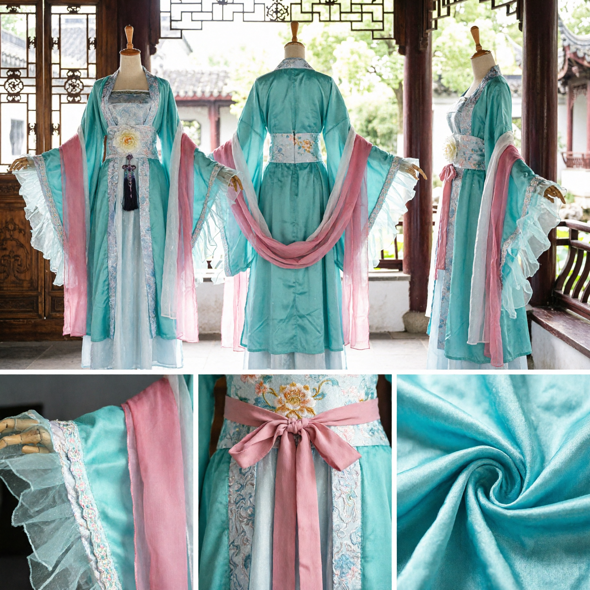 Ancient Chinese Tang Dynasty Hanfu Costume Teal Palace Lady Dress for Women Cosplay Stage Performance