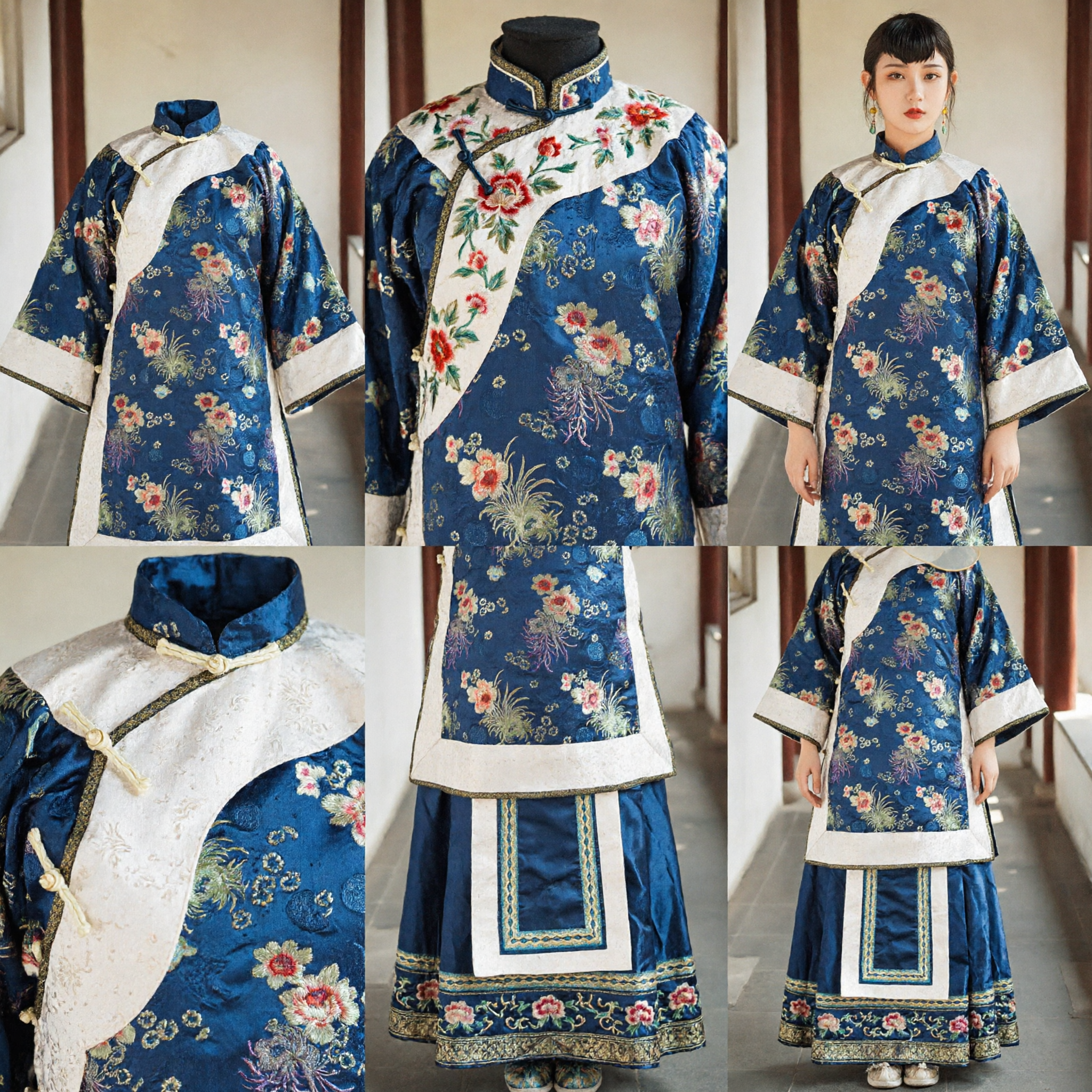 Traditional Chinese Ancient Costume Blue Floral Embroidery Wide Sleeve Top and Skirt Set for Women