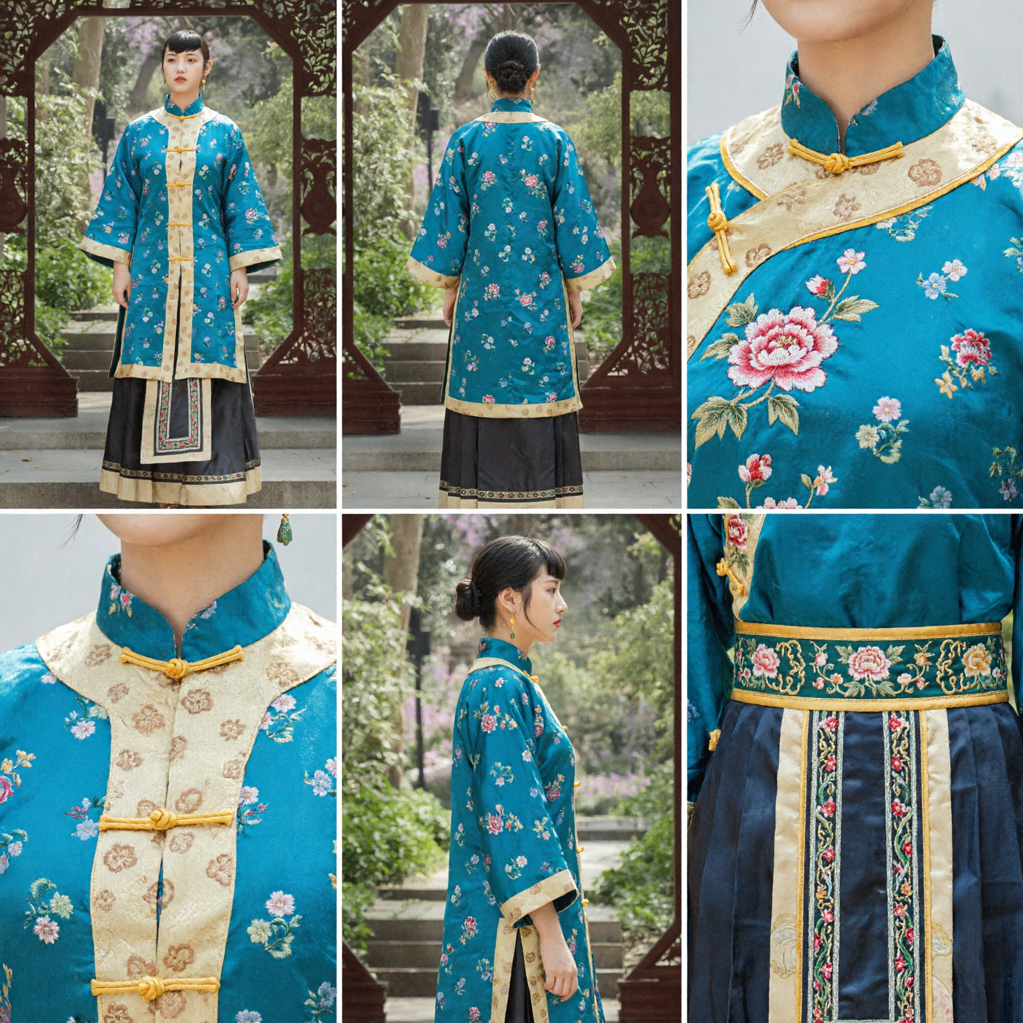 Traditional Chinese Minguo Style Blue Floral Embroidered Ao Qun Jacket and Skirt Set Historical Costume for Women