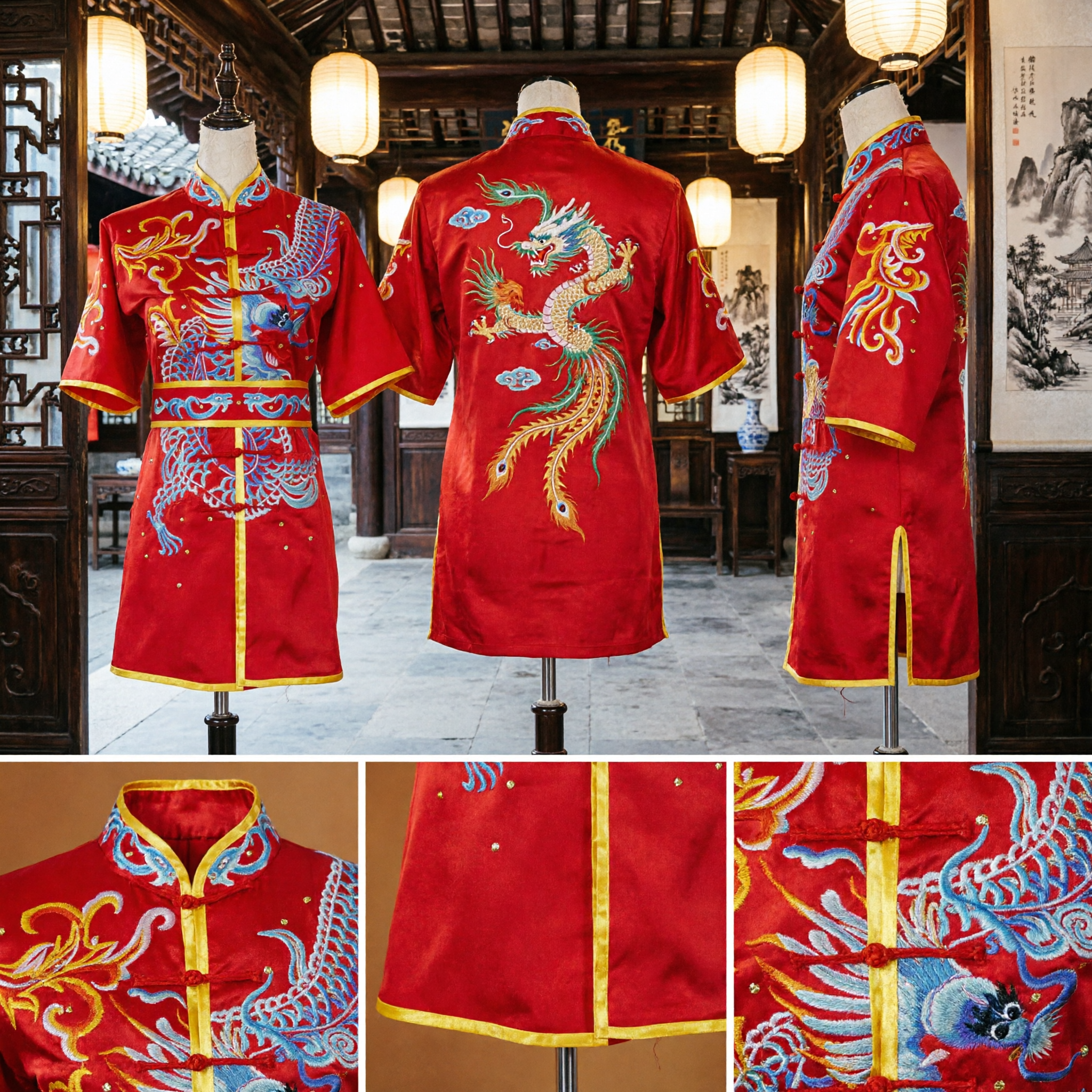 Red Dragon Phoenix Embroidery Chinese Kung Fu Uniform Traditional Wushu Martial Arts Performance Costume Set