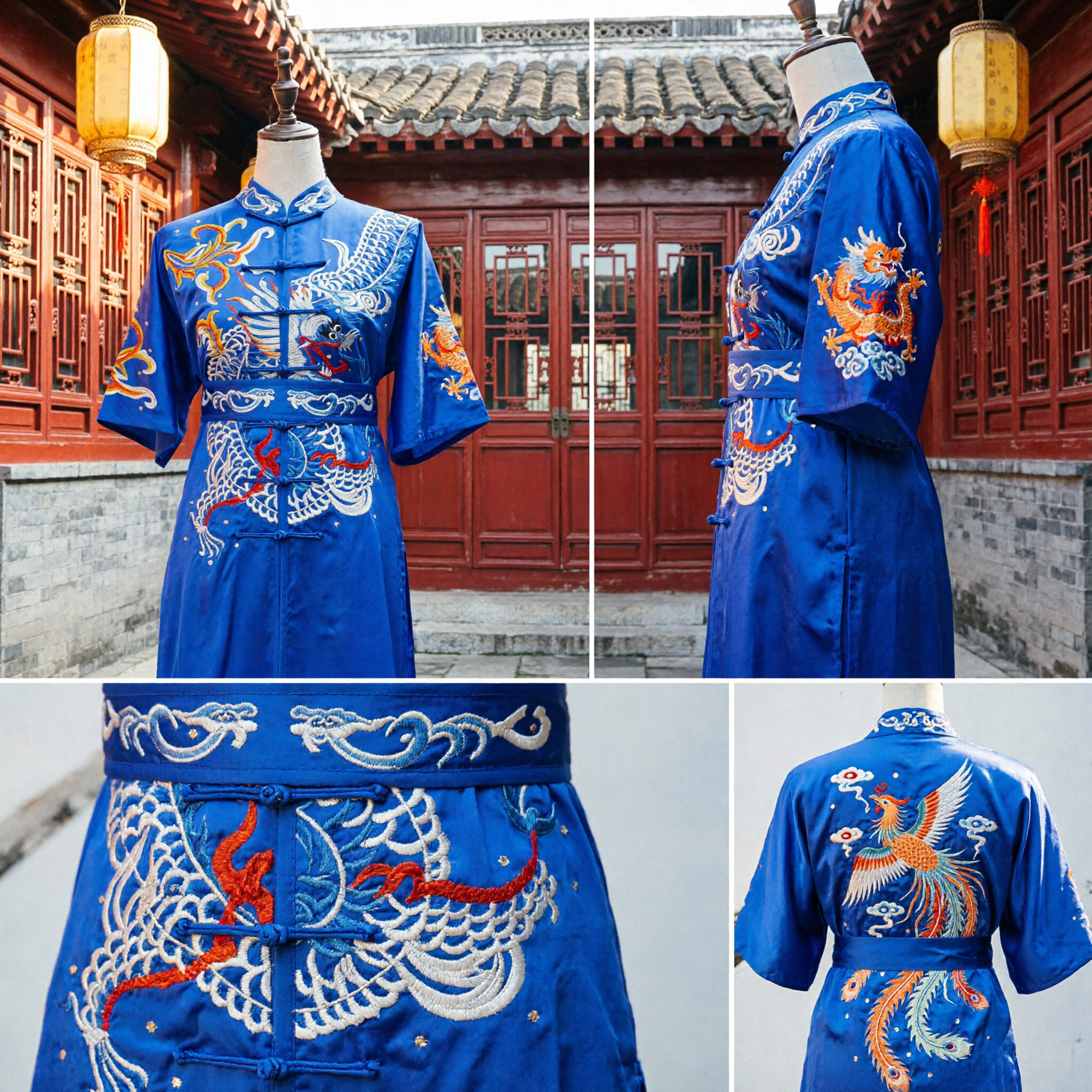 Men's Royal Blue Dragon Embroidery Chinese Kung Fu Uniform Traditional Martial Arts Tai Chi Satin Suit