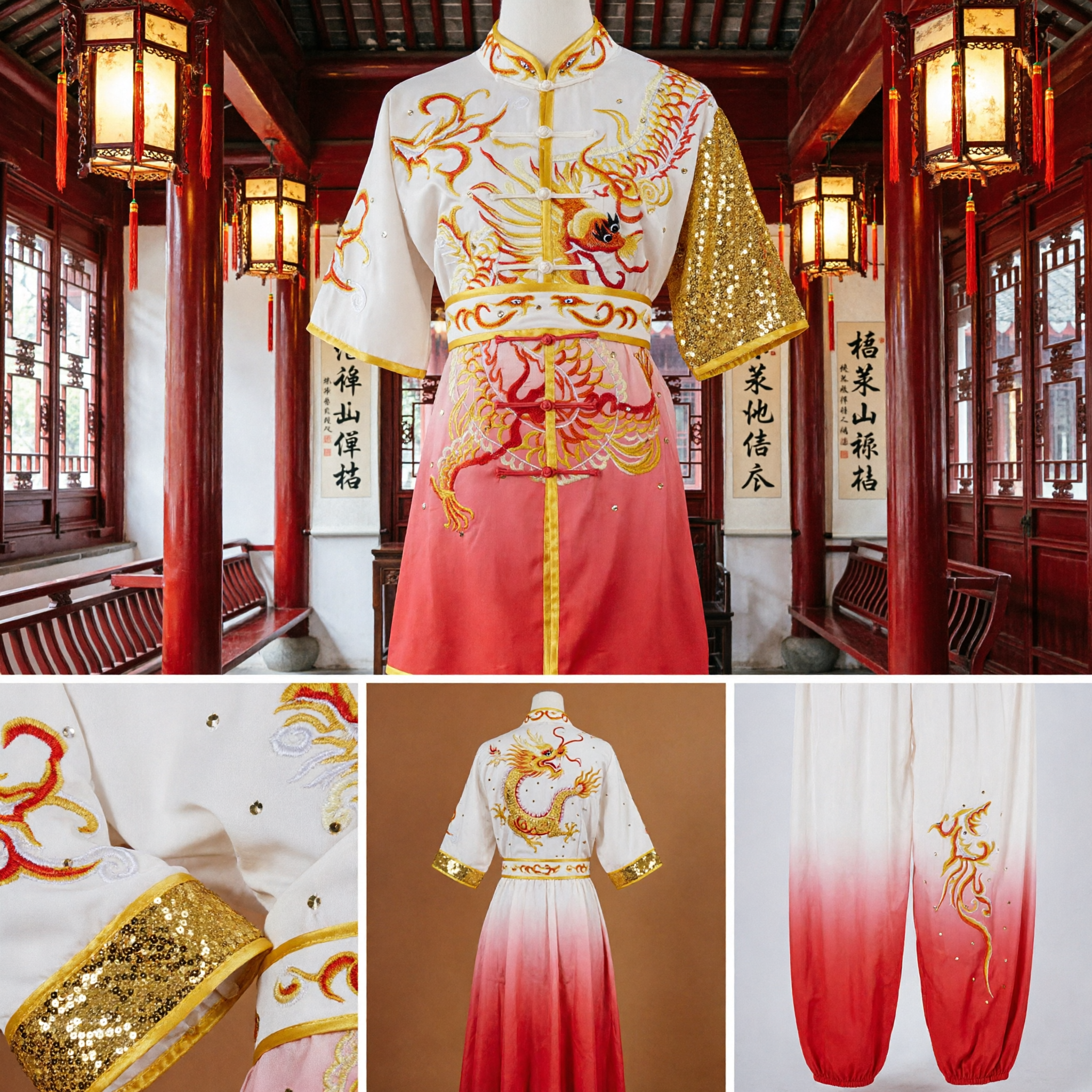Traditional Chinese Kung Fu Uniform Dragon Phoenix Embroidery Wushu Costume for Stage Performance and Lion Dance