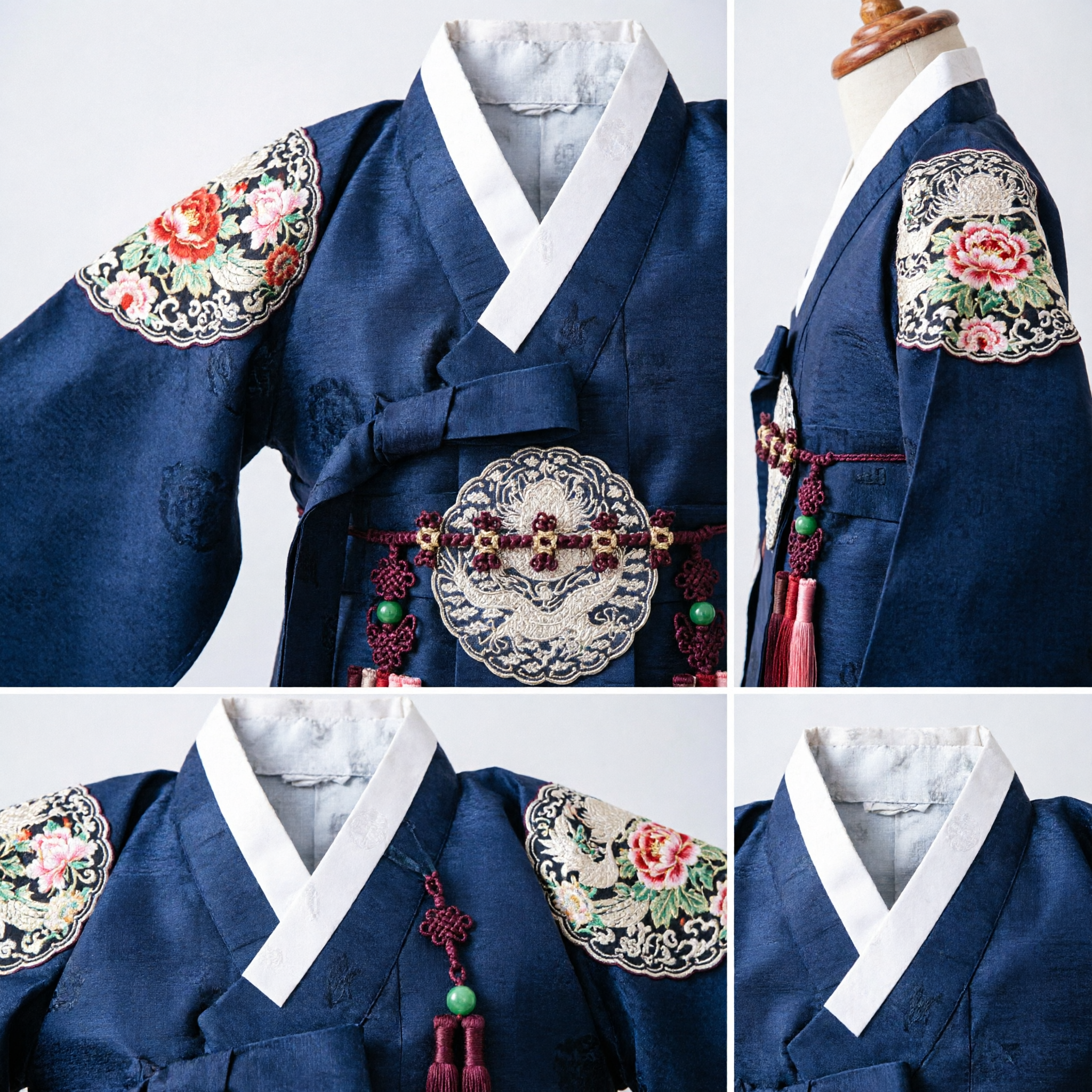 Navy Blue Traditional Korean Hanbok Costume for Kids with Ornate Silver Belt and Tassels for Ceremonies