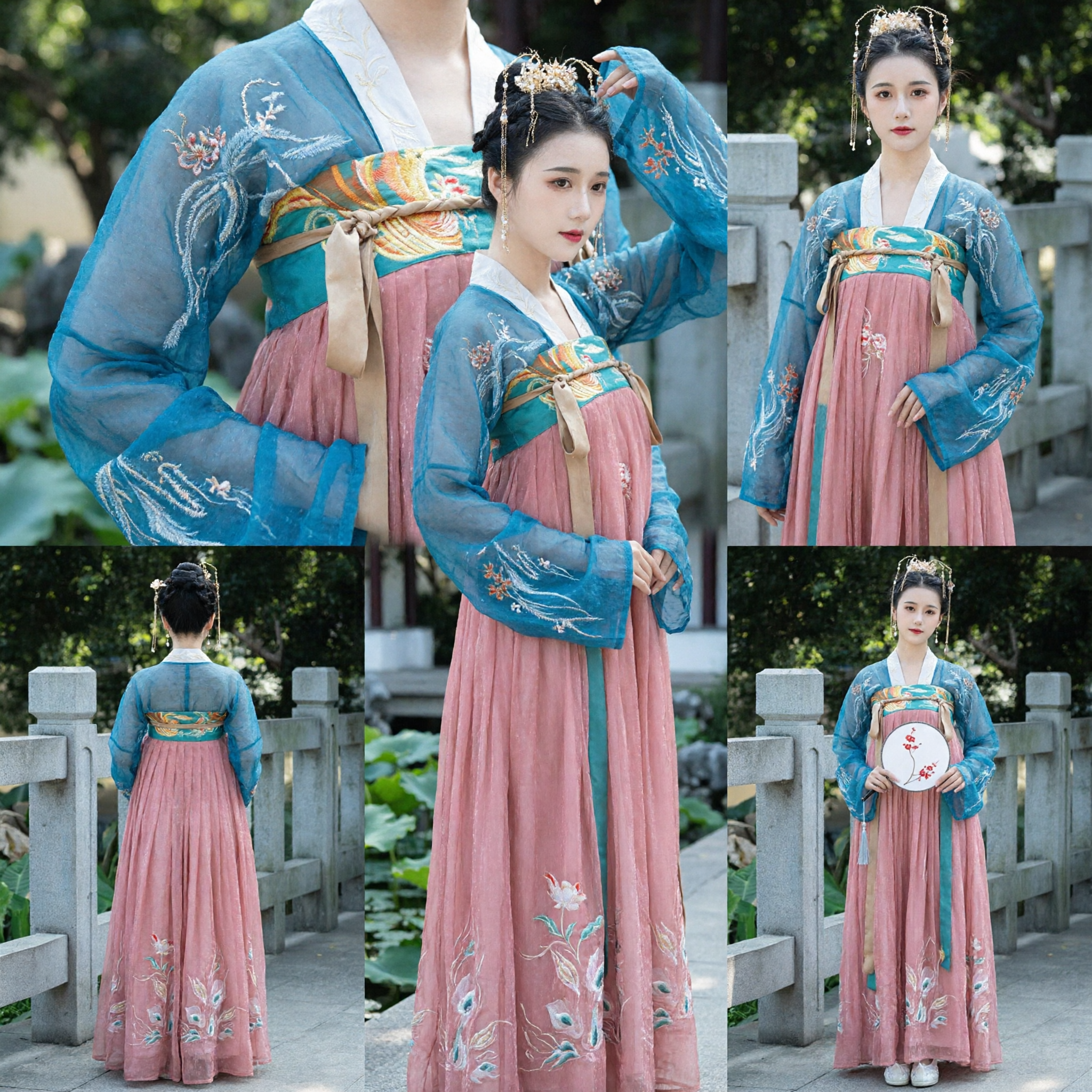 Traditional Chinese Tang Dynasty Hanfu Costume for Women Ancient Embroidered Pink Skirt Blue Sheer Robe Set