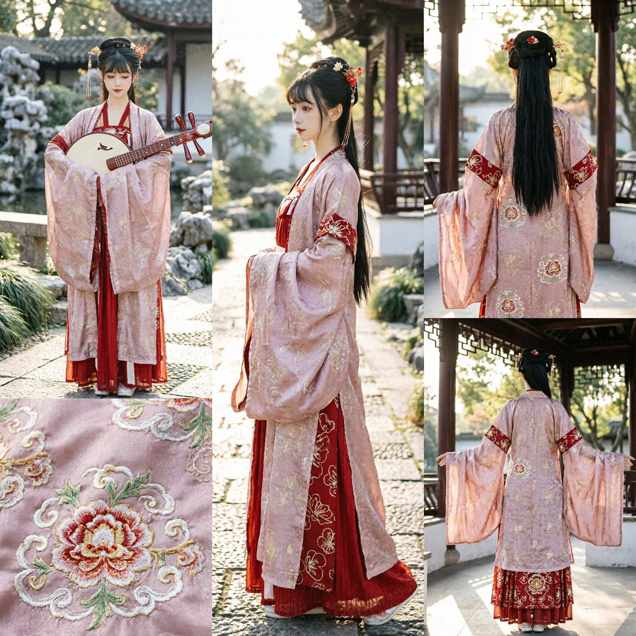 Traditional Chinese Tang Dynasty Hanfu Princess Costume Red and Pink Embroidered Ancient Clothing for Women