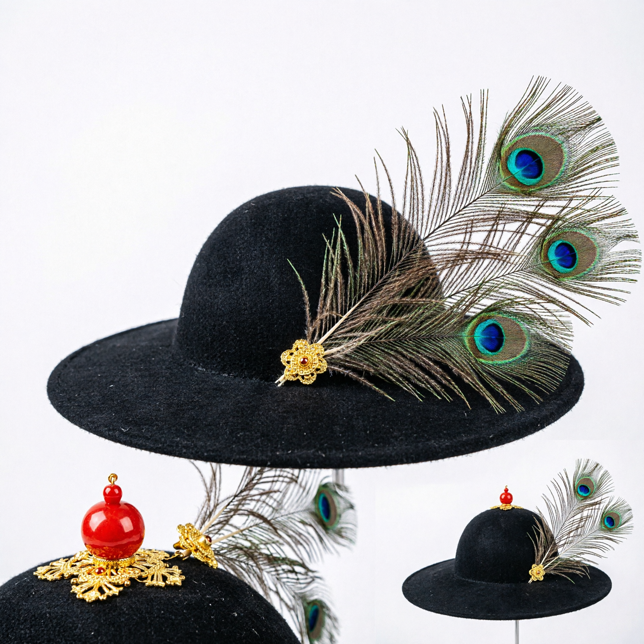 Traditional Ancient Chinese Official Hat with Peacock Feathers Black Wide Brim Cap for Men Hanfu Cosplay Costume