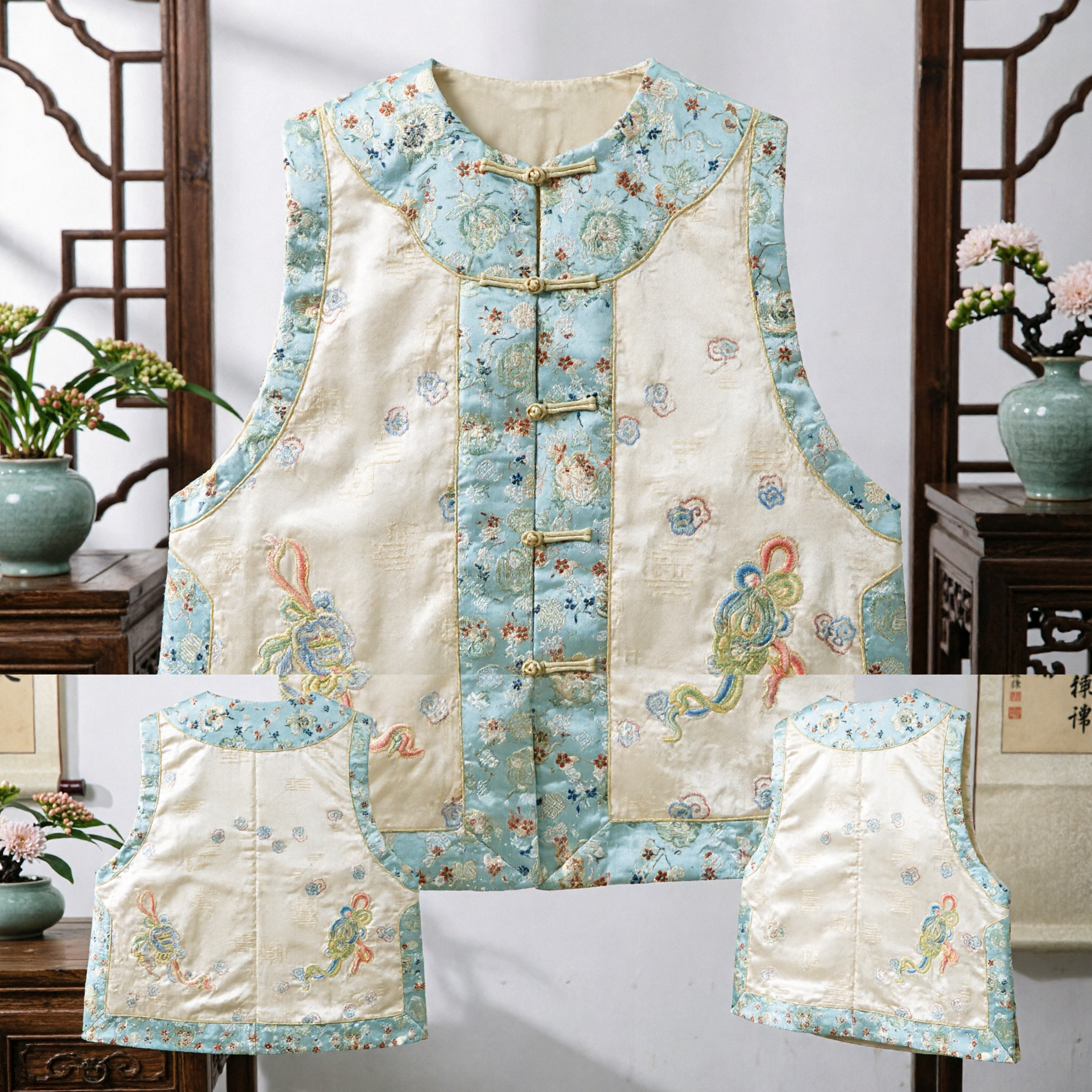 Traditional Chinese Silk Vest Women Floral Dragon Embroidery Mandarin Collar Waistcoat Hanfu Accessory