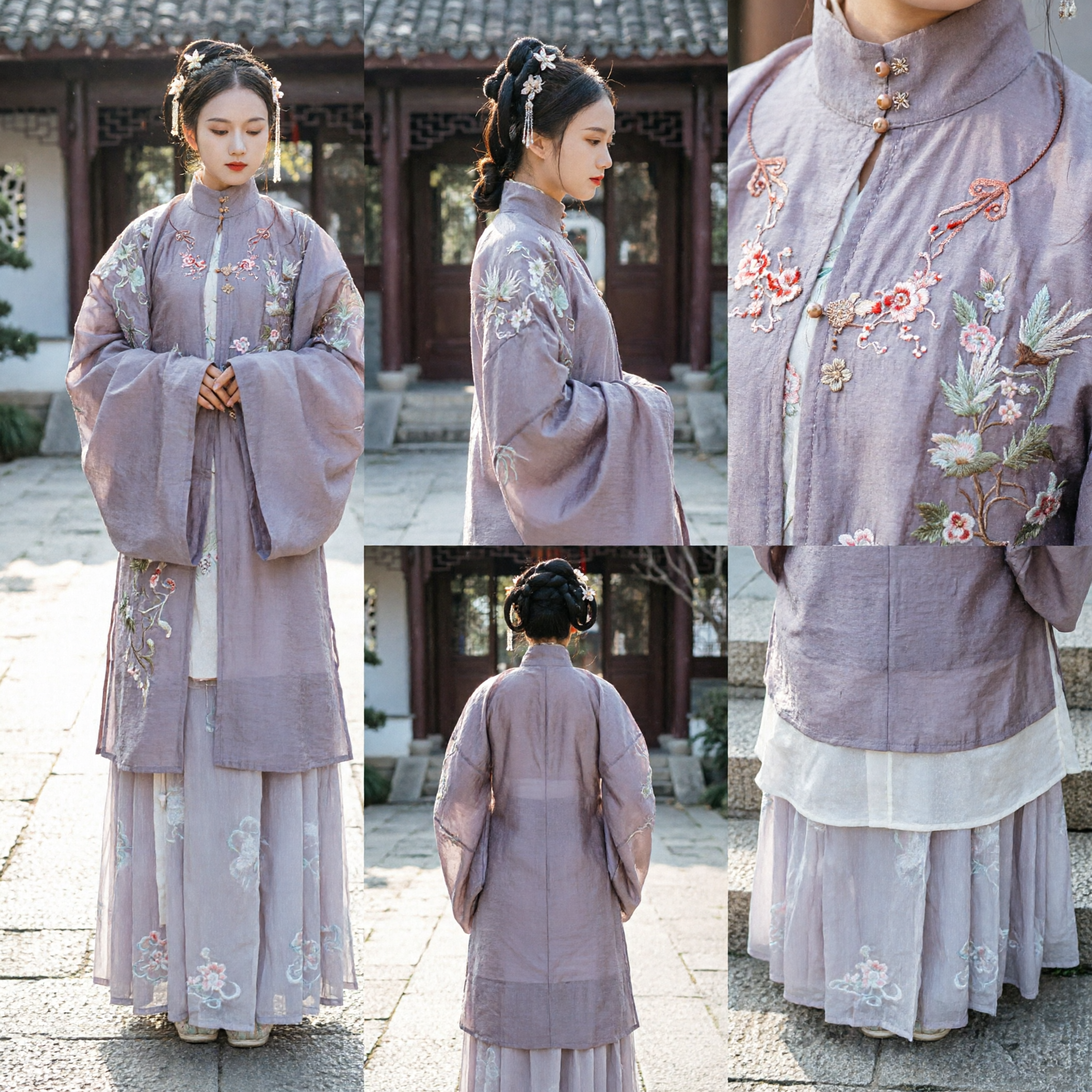 Elegant Purple Ming Dynasty Hanfu Traditional Chinese Ancient Costume with Floral Embroidery Standing Collar Top and Skirt for Women