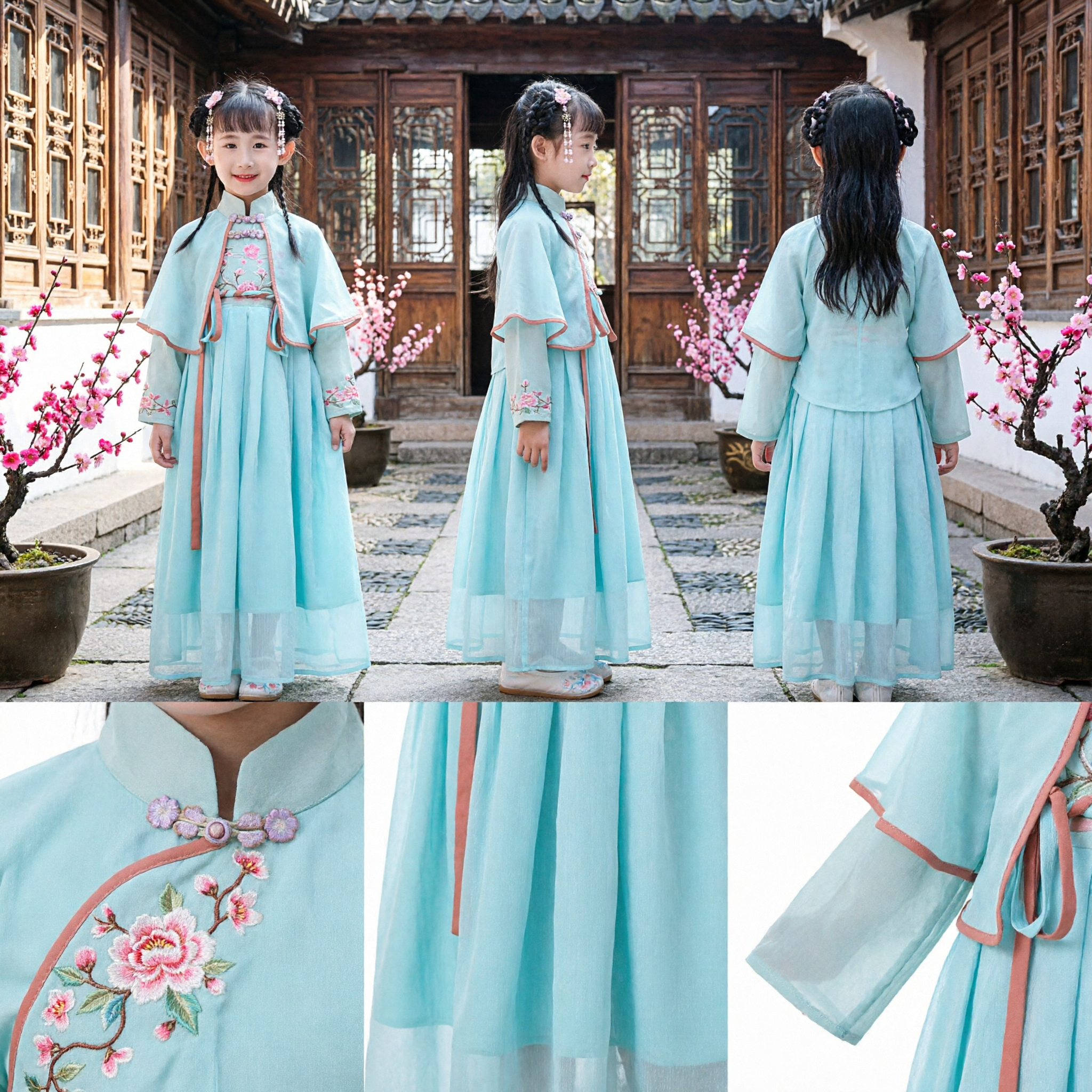 Traditional Chinese Hanfu Costume for Girls Ancient Princess Dress with Floral Embroidery Cape Cloak