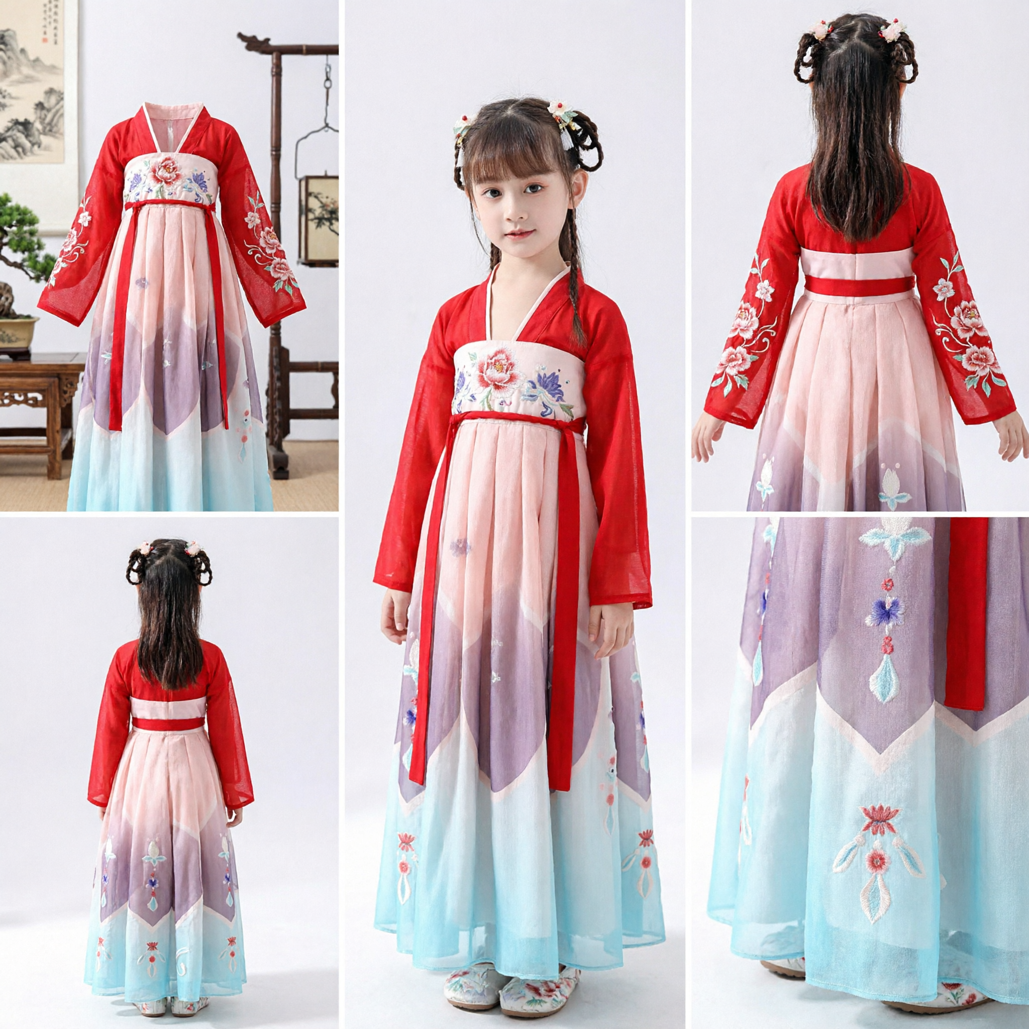 Girls Chinese Traditional Hanfu Costume Kids Ancient Red Embroidery Dress for Festival Performance