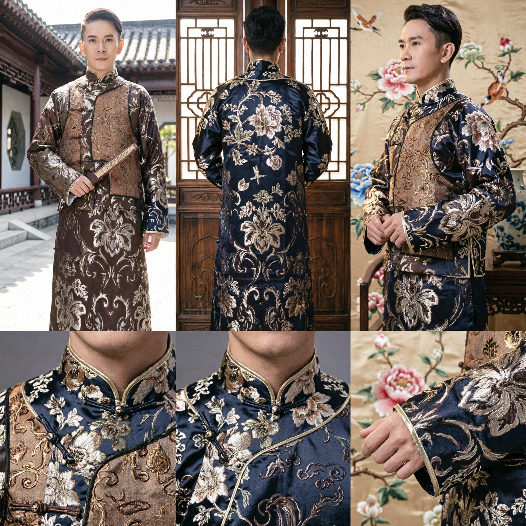 Men's Traditional Chinese Changshan Robe and Magua Jacket Set Brown Floral Brocade Republic of China Costume