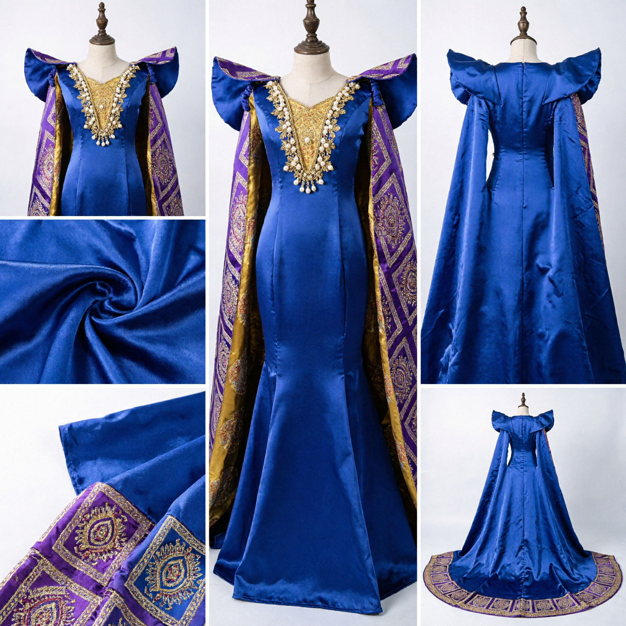 Luxury Royal Blue African Queen Caftan Dress with Long Patterned Cape for Wedding Evening Gown