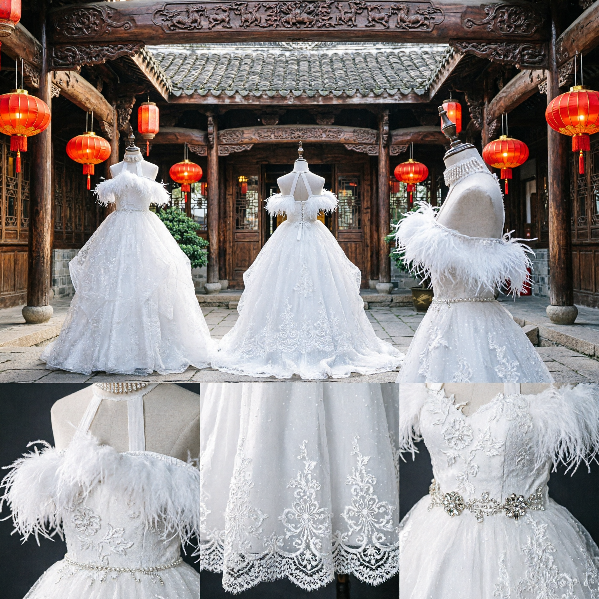 Elegant White Off-Shoulder Feather Wedding Dress with Jeweled Halter Neck Lace Ballgown Bridal Gown
