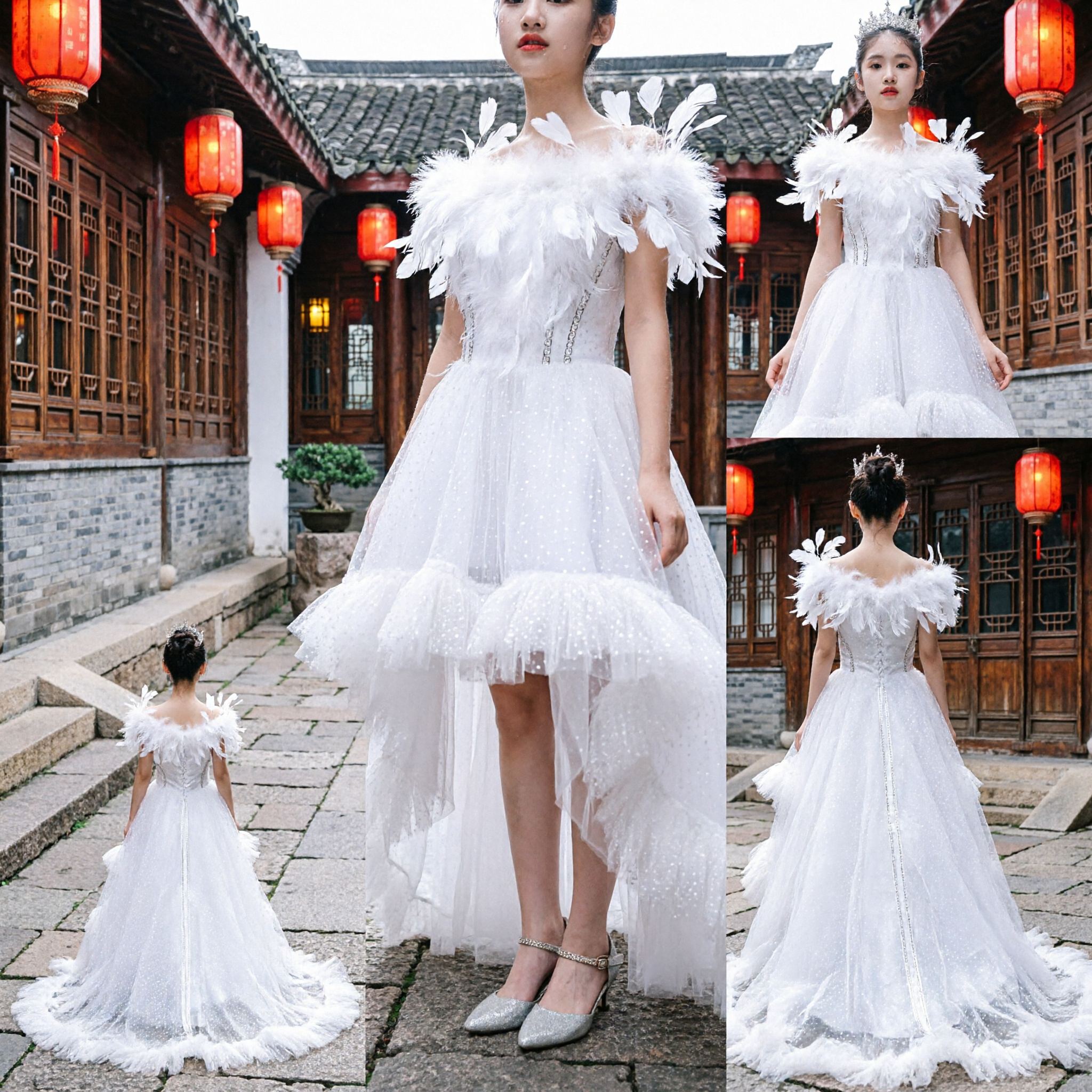 Elegant White Feather Princess Dress High-Low Tulle Ball Gown for Flower Girl Wedding Pageant Performance