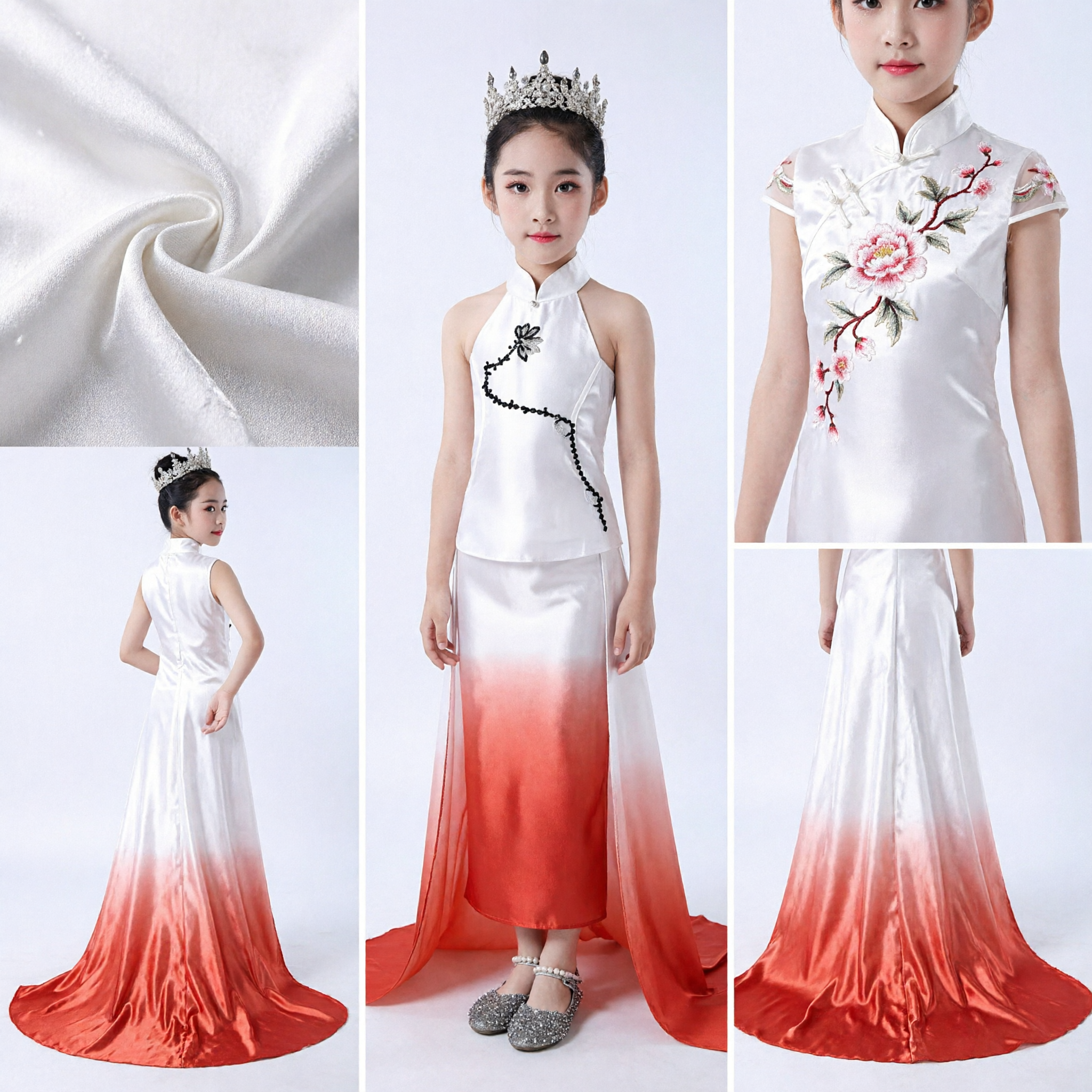 Kids Girls Traditional Chinese Dance Costume White Red Ombre Stage Performance Dress with Train