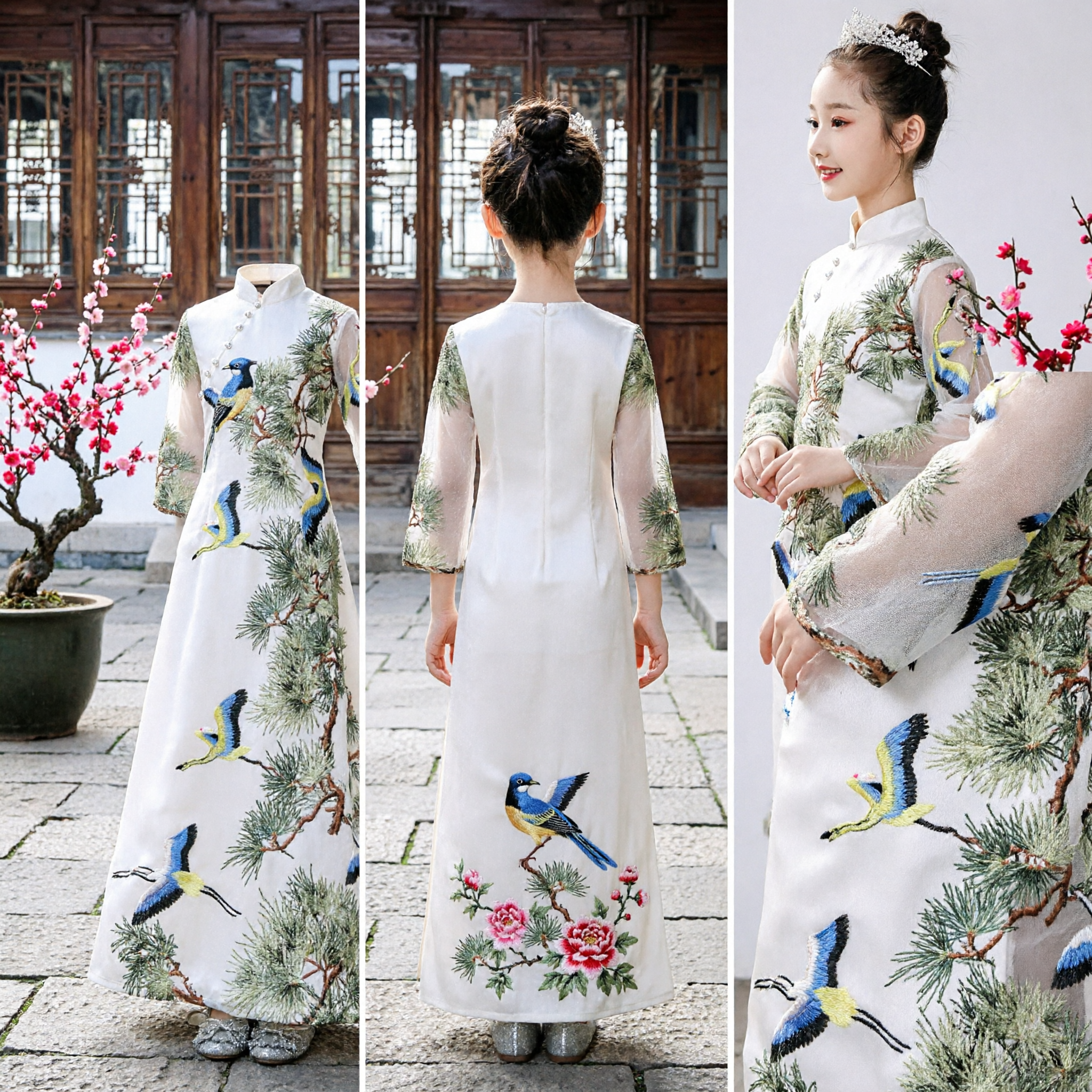 Traditional Chinese Hanfu Dress for Girls White Crane Pine Embroidery Long Gown Stage Performance Costume