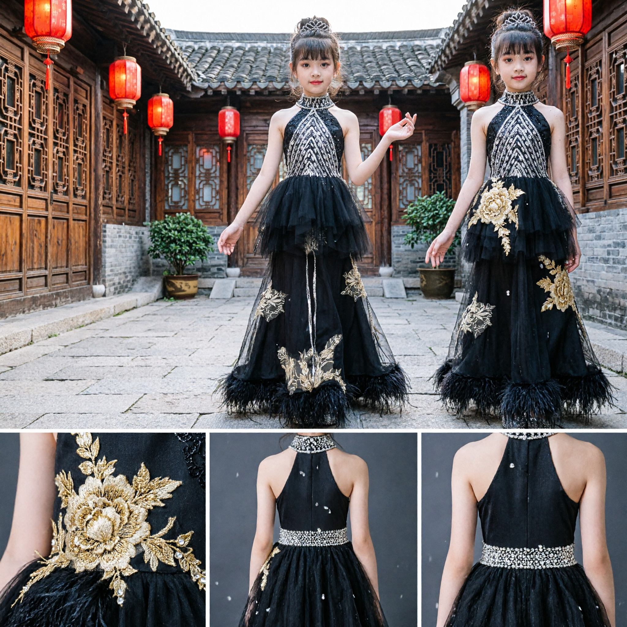 Elegant Black Halter Sequin Evening Gown for Girls Long Train Formal Stage Performance Dress