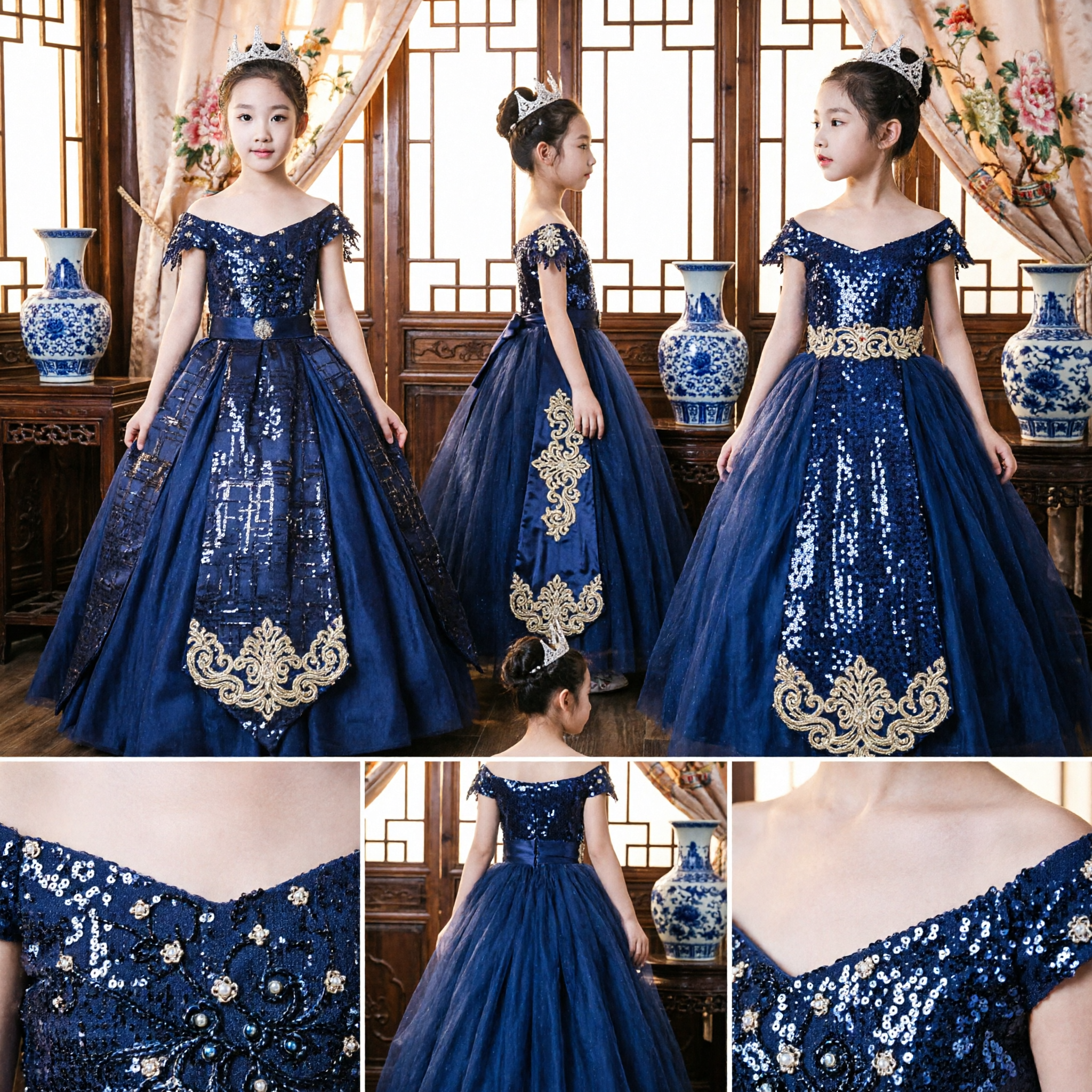 Navy Blue Off-Shoulder Sequin Ball Gown for Girls Flower Girl Wedding Pageant Formal Party Dress