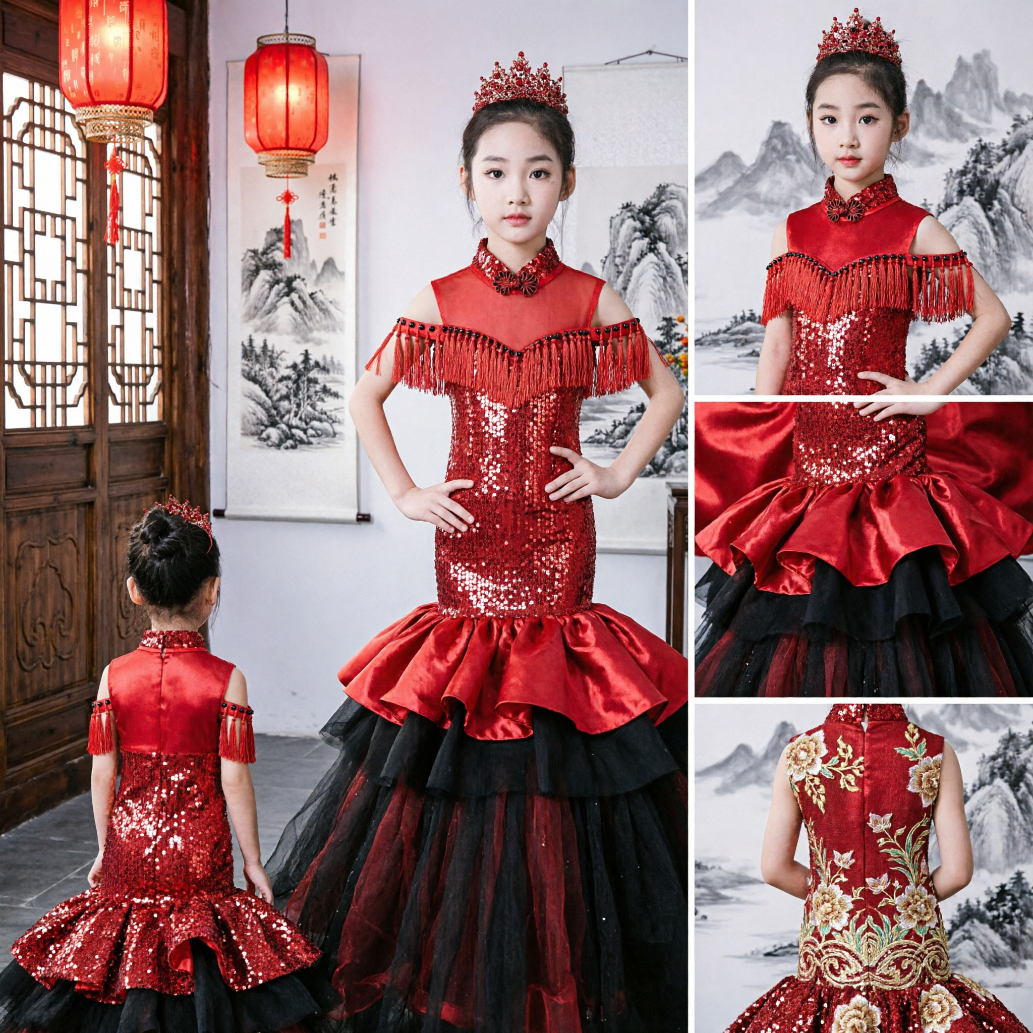 Kids Girls Red Sequin Mermaid Gown Formal Stage Host Performance Dress with Fringe
