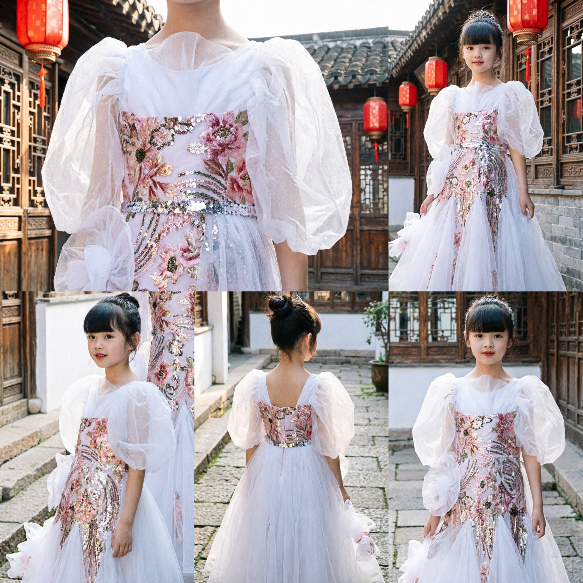Kids Girls White Floral Embroidery Dress Chinese Traditional Princess Gown for Wedding Party Performance