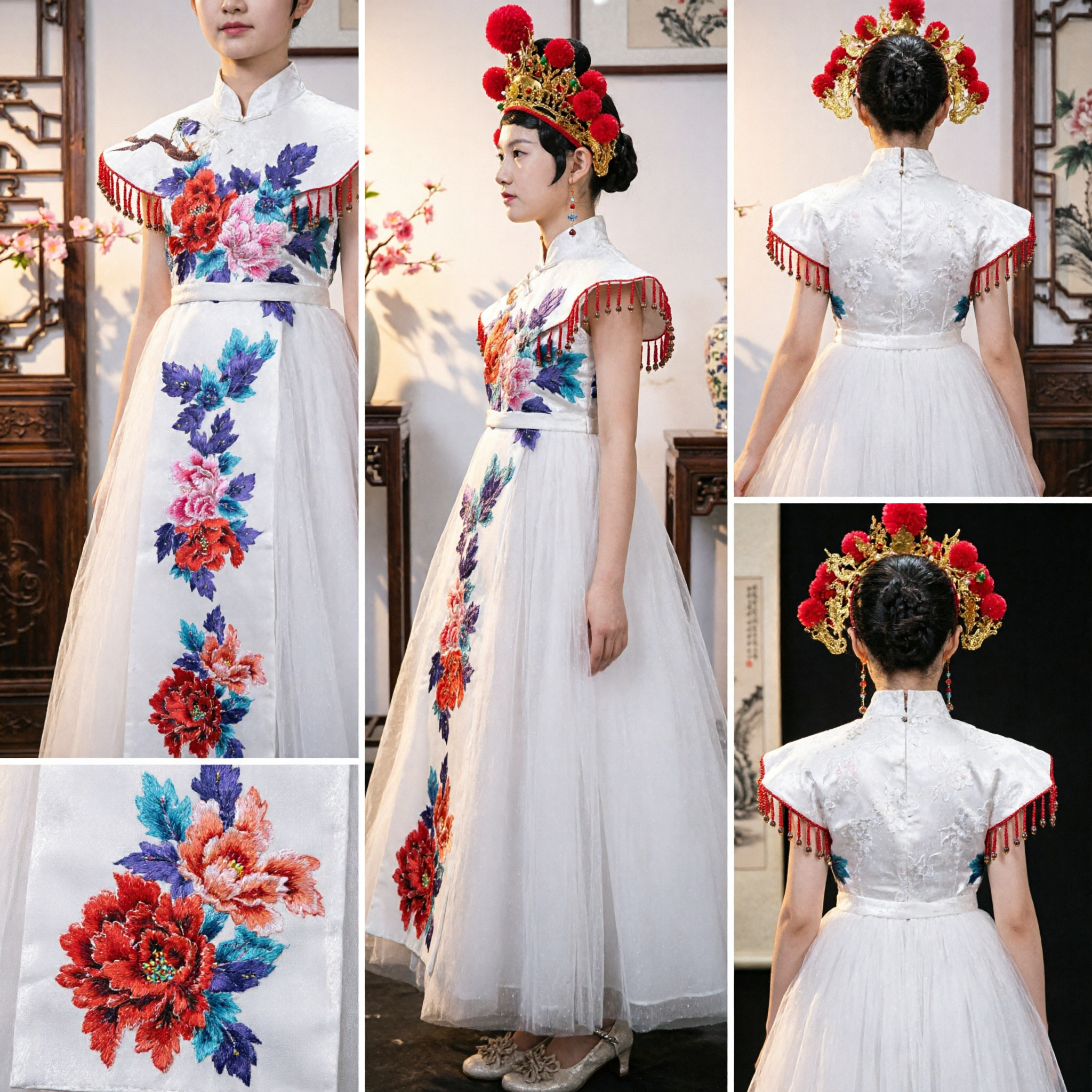 Kids Traditional Chinese White Qipao Dress Embroidered Peony Cheongsam Gown for Flower Girl Wedding Stage Performance
