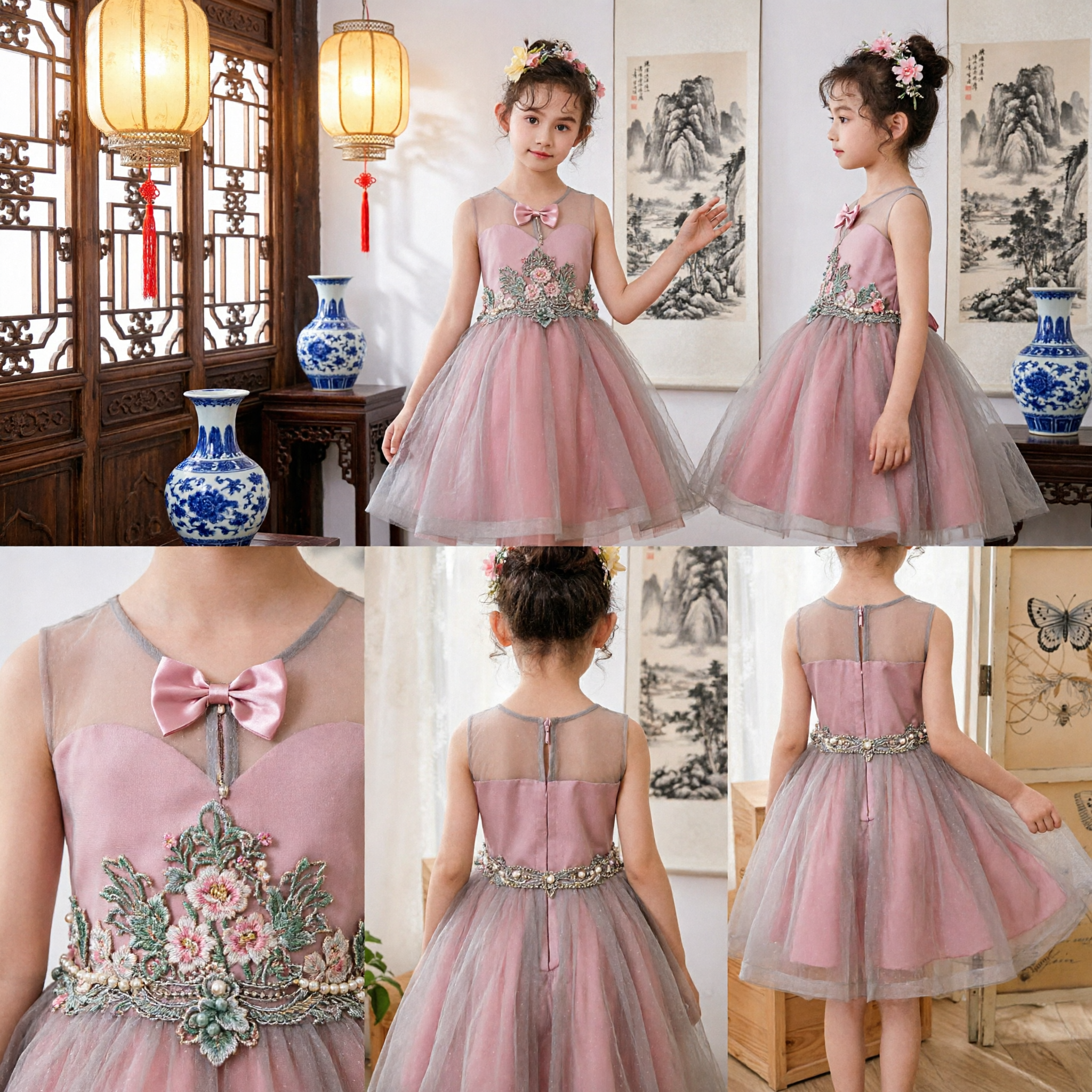 Girls Pink Tulle Princess Dress with Floral Embroidery and Bow for Wedding Party Formal Occasion