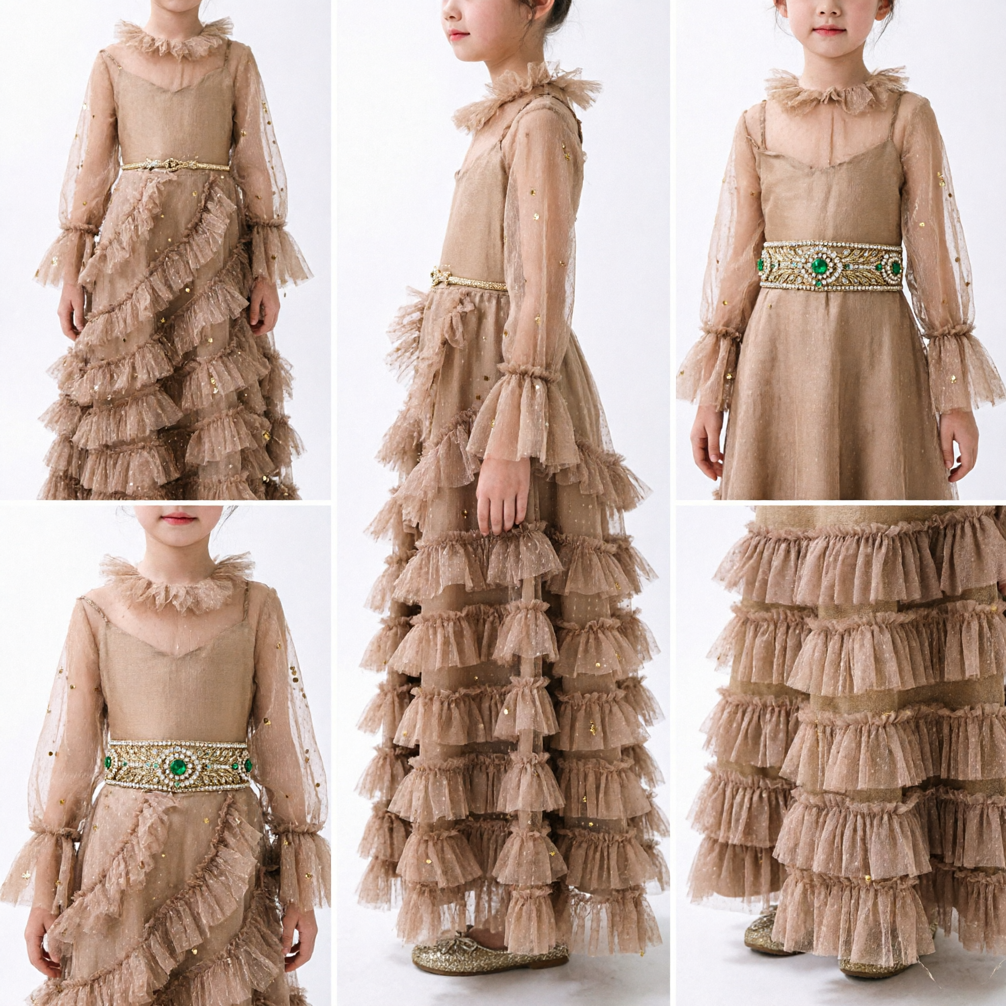 Elegant Girls Champagne Gold Long Sleeve Tiered Ruffle Gown for Formal Party and Stage Performance