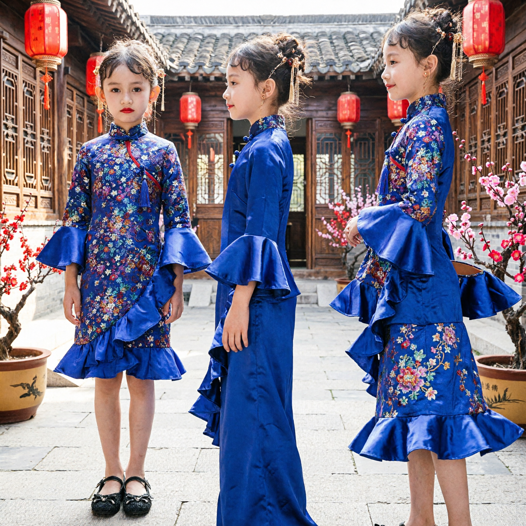 Blue Floral Traditional Chinese Cheongsam Dress for Girls Kids Stage Performance Costume Qipao