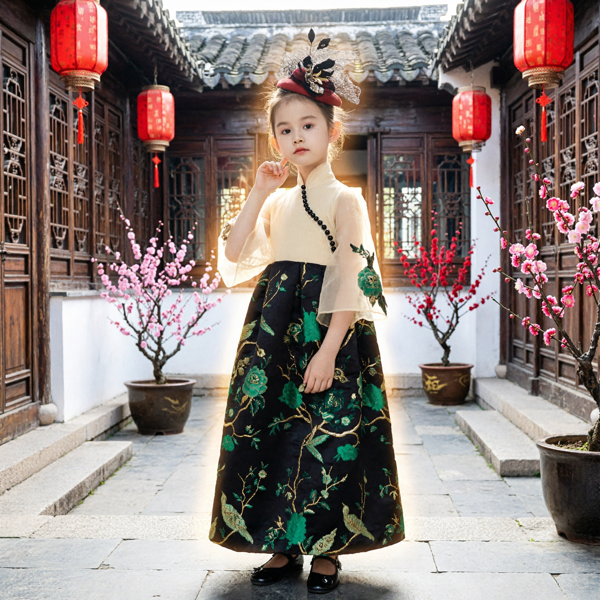 Chinese Traditional Hanfu Dress for Girls Kids Floral Print Skirt Tang Suit Top Performance Costume