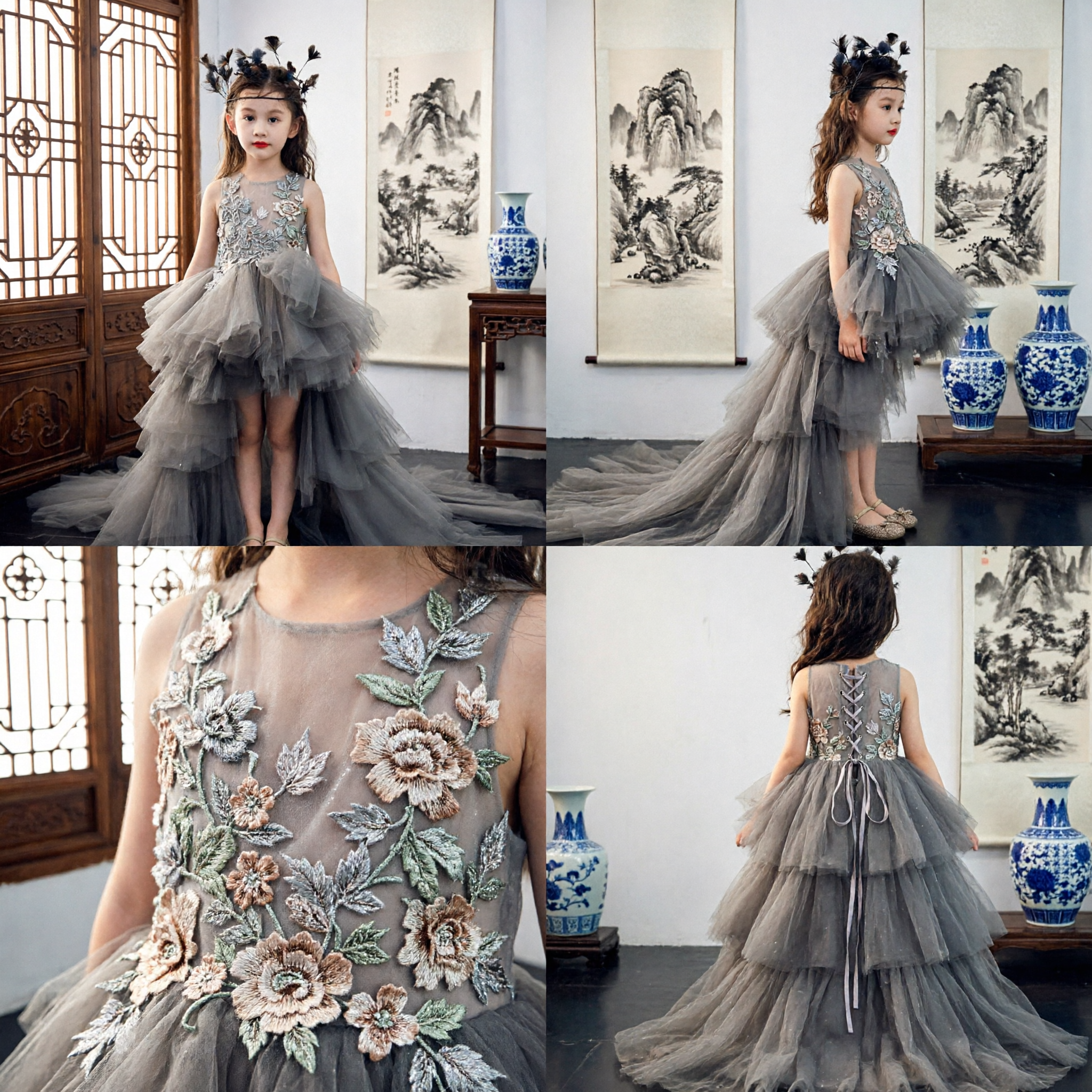 Elegant Grey Tulle High-Low Flower Girl Dress Kids Wedding Party Formal Pageant Gown