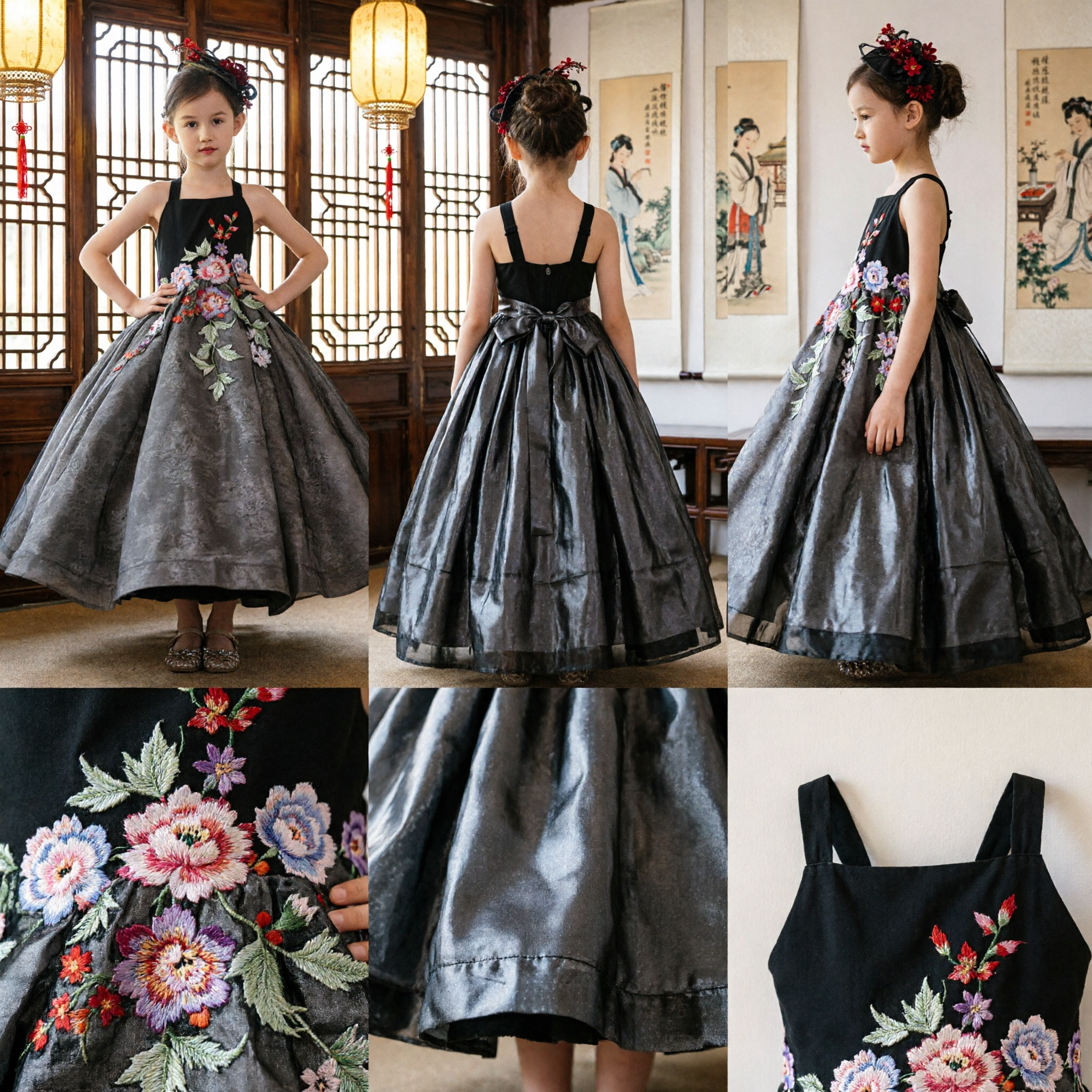 Elegant Girls Floral Embroidery Ballgown Black Halter Grey Skirt Formal Wedding Party Evening Dress