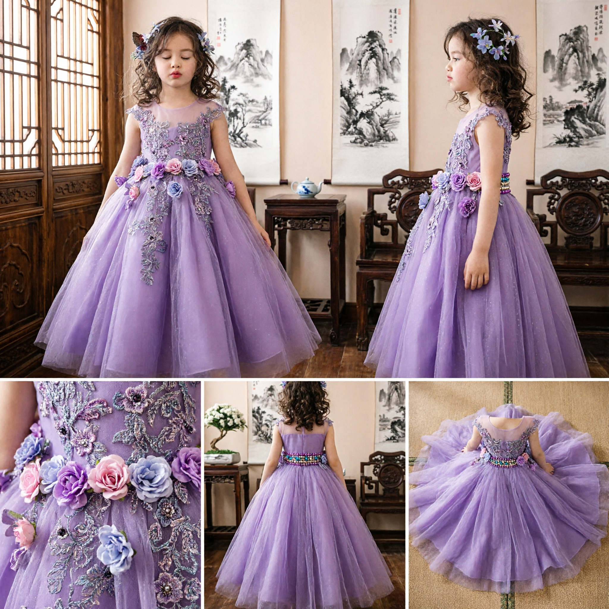 Purple Flower Girl Dress Princess Ball Gown with 3D Floral Applique for Kids Wedding Party Pageant