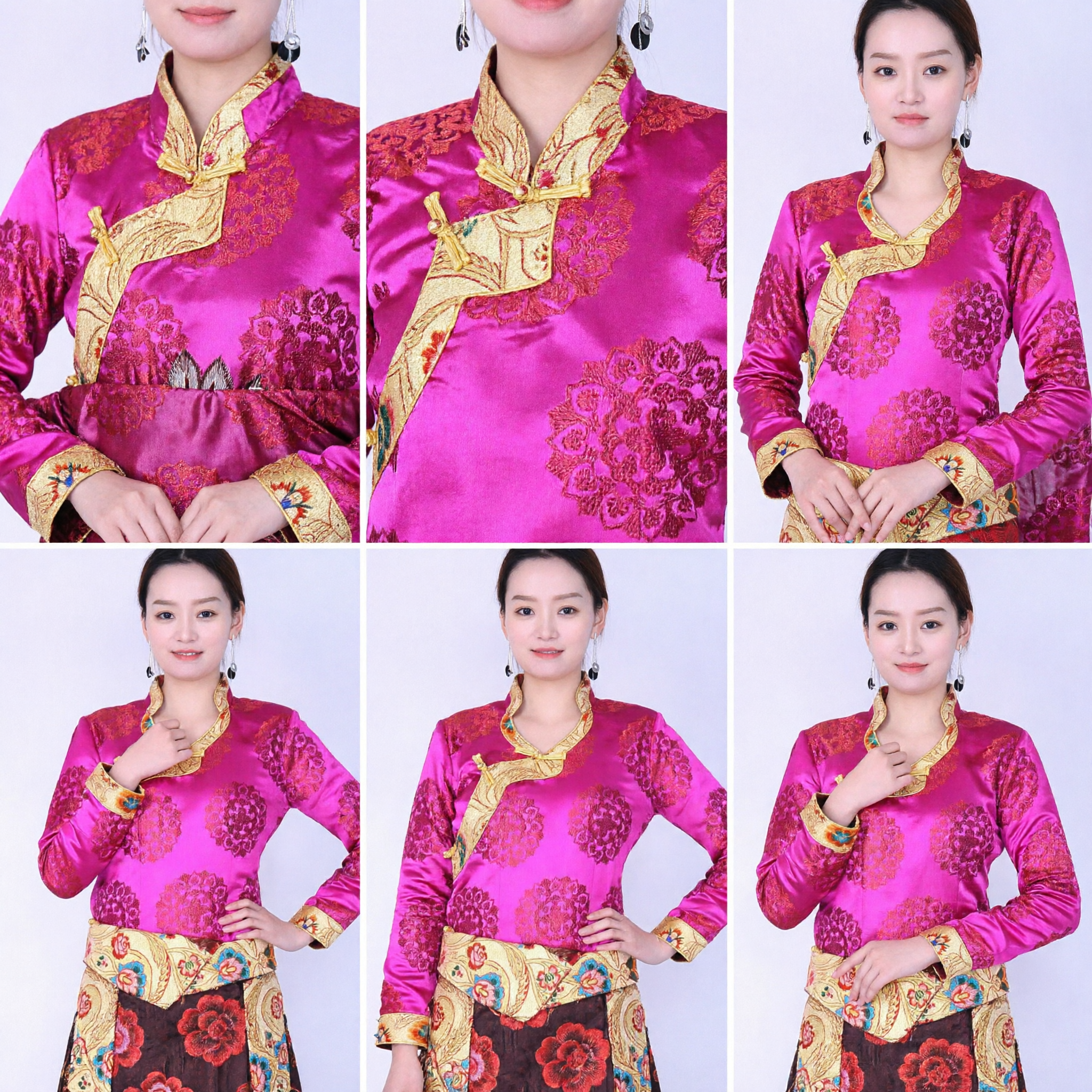 Traditional Chinese Tibetan Ethnic Costume Pink Brocade Top with Gold Trim for Women Folk Dance Performance