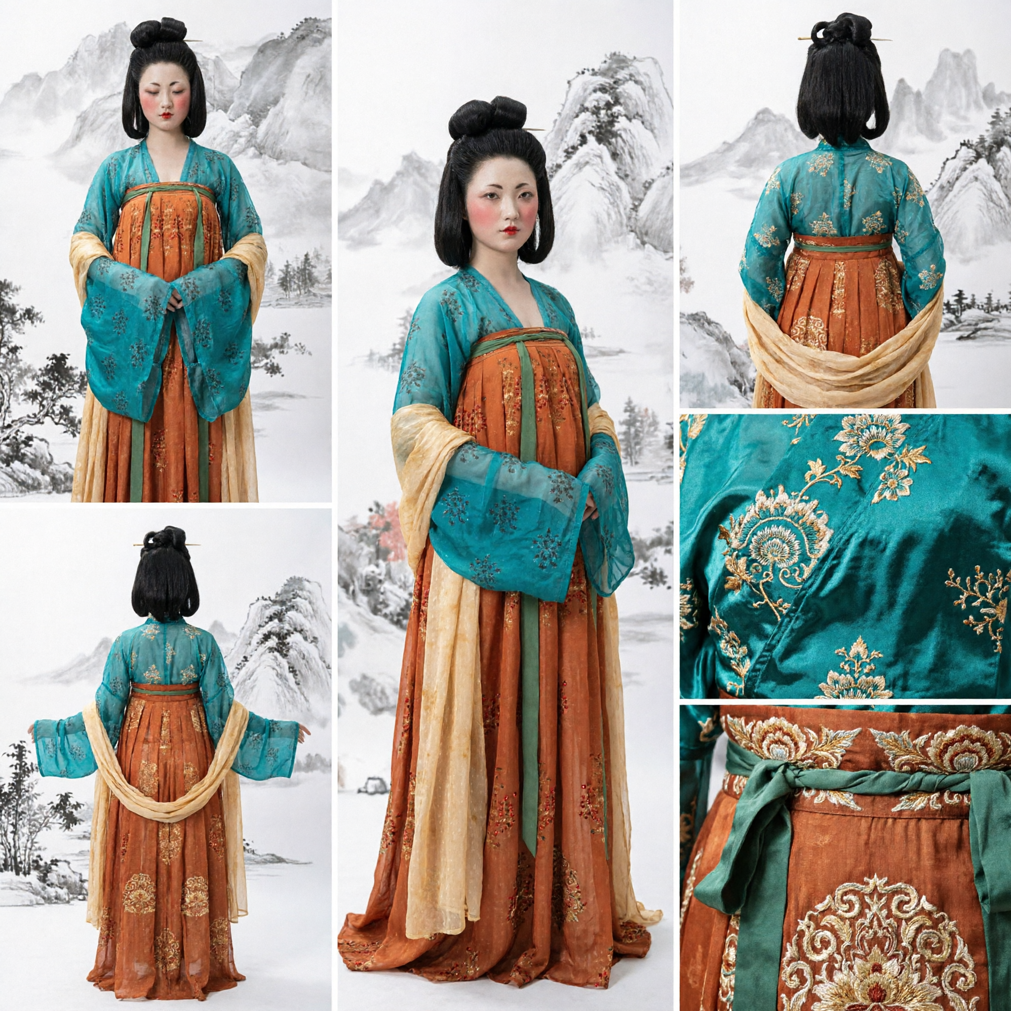 Elegant Tang Dynasty Hanfu Costume Teal and Orange Ruqun Set Traditional Chinese Clothing for Women Performance