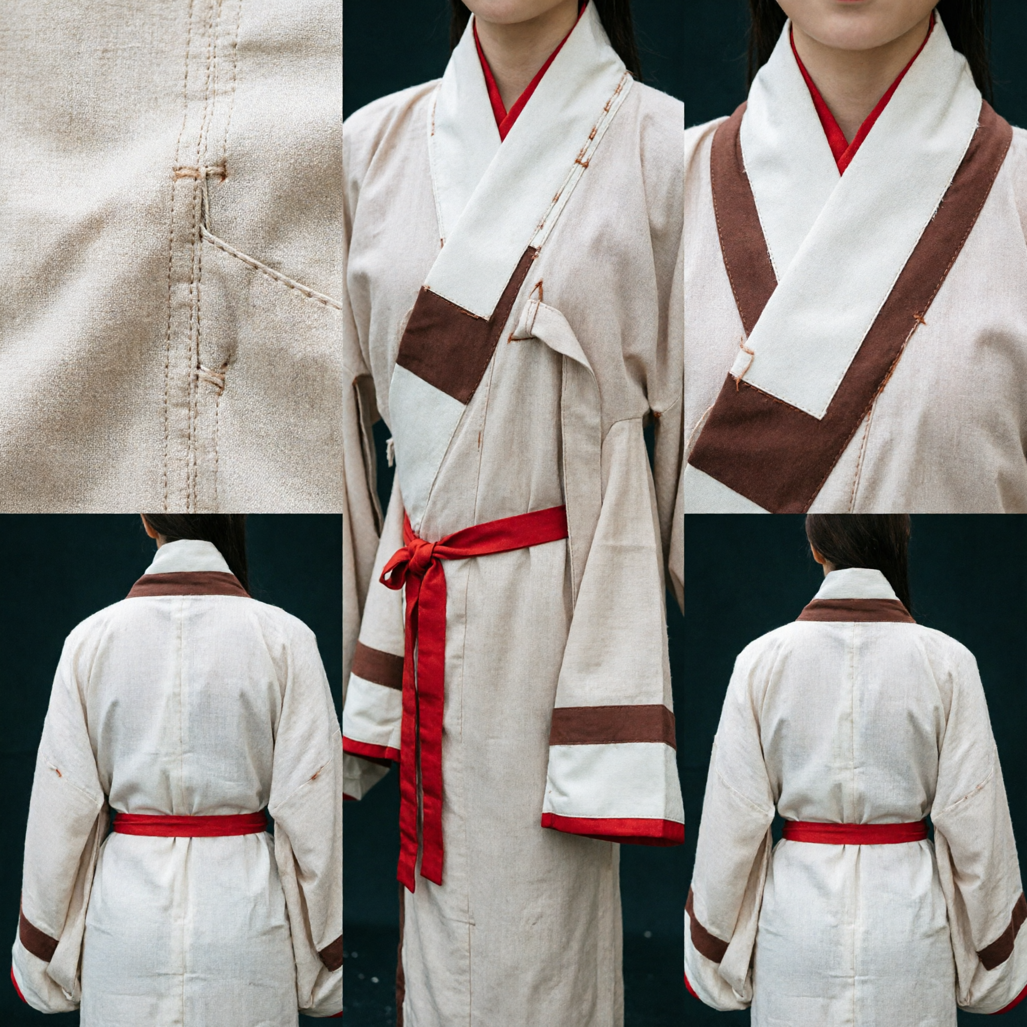 Traditional Chinese Hanfu Ancient Han Dynasty Cross-Collar Robe Cream Brown Red Trim Women's Historical Costume