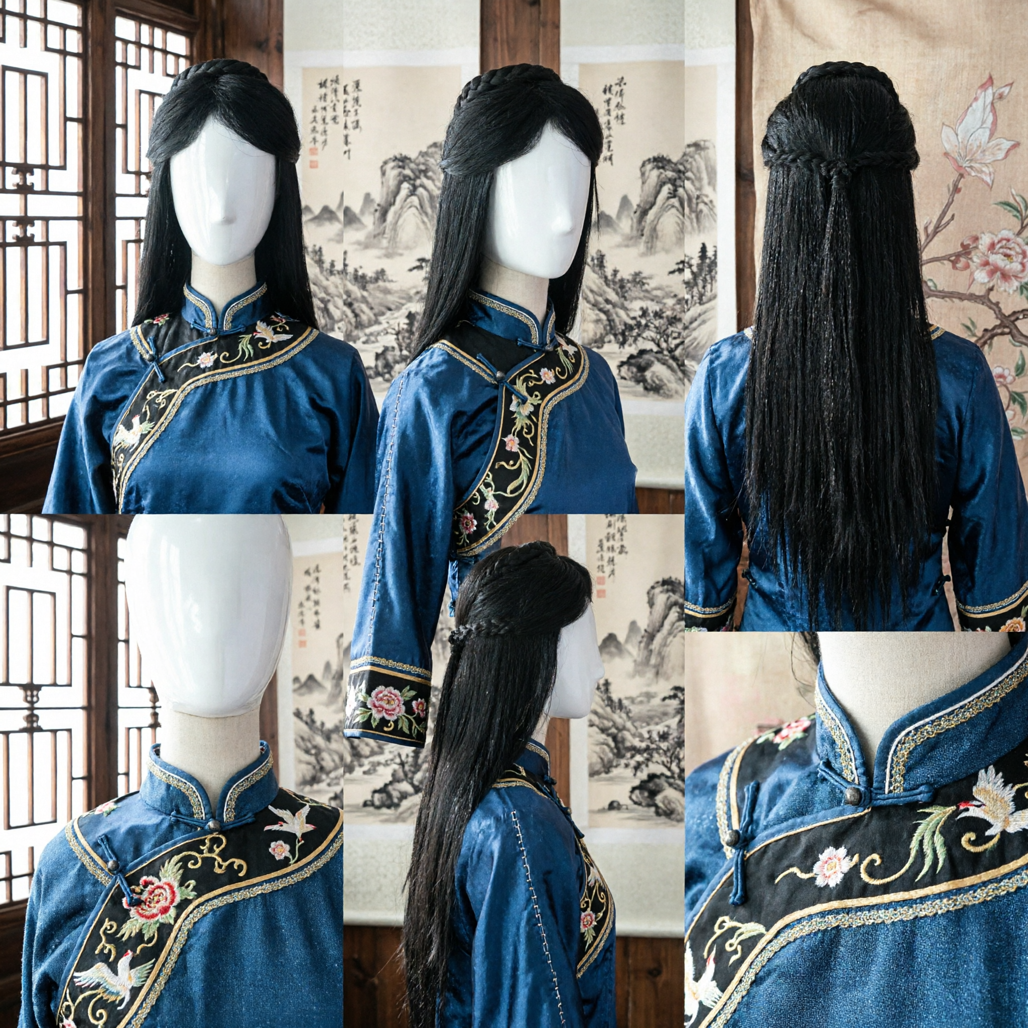 Ancient Chinese Traditional Hanfu Wig Black Long Hair with Braided Top for Historical Costume Cosplay