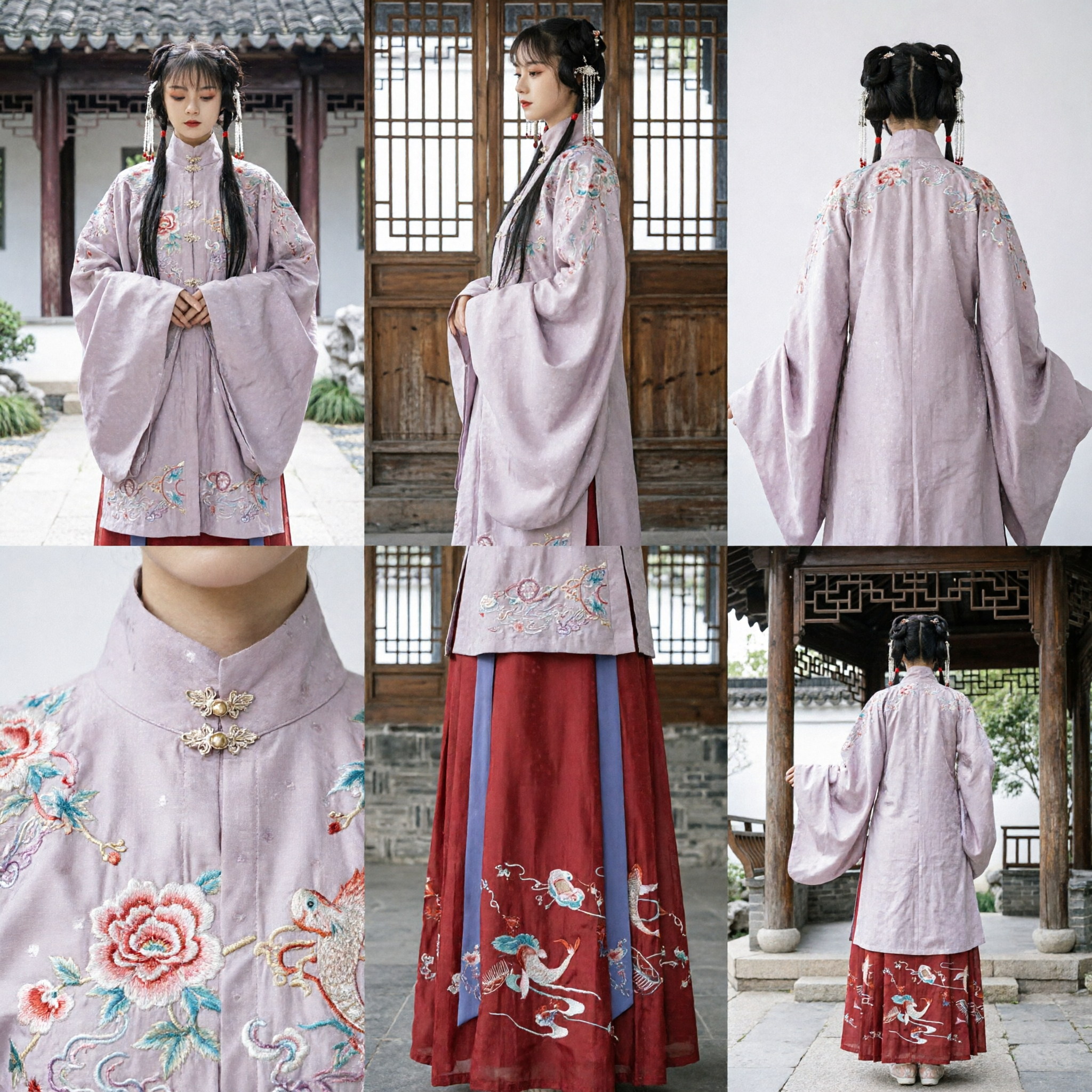 Traditional Chinese Hanfu Ming Dynasty Style Purple Standing Collar Top and Red Embroidered Skirt Set for Women