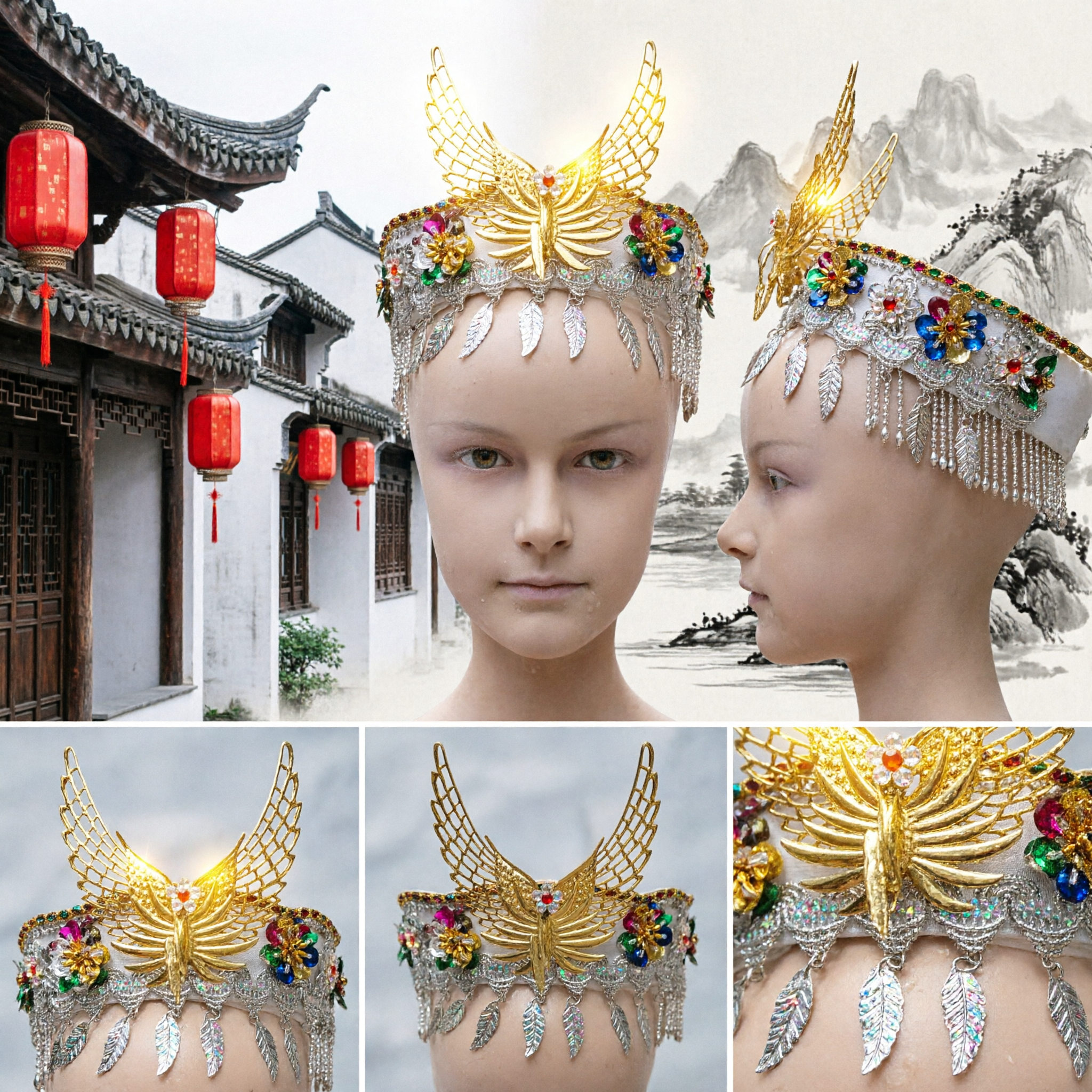 Traditional Chinese Phoenix Crown Golden Bird Headpiece with Rhinestones for Opera Folk Dance Costume