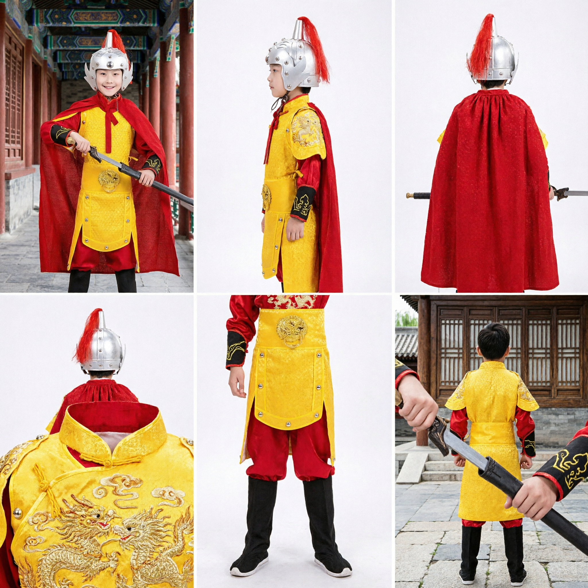 Kids Ancient Chinese General Warrior Costume Yellow Armor Red Cape Helmet Set Boys Performance Outfit