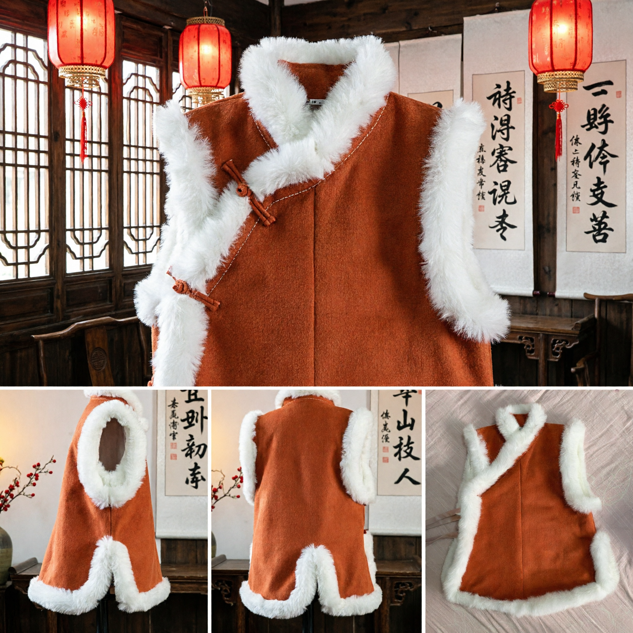Traditional Chinese Orange Winter Vest with White Fur Trim Ethnic Hanfu Costume