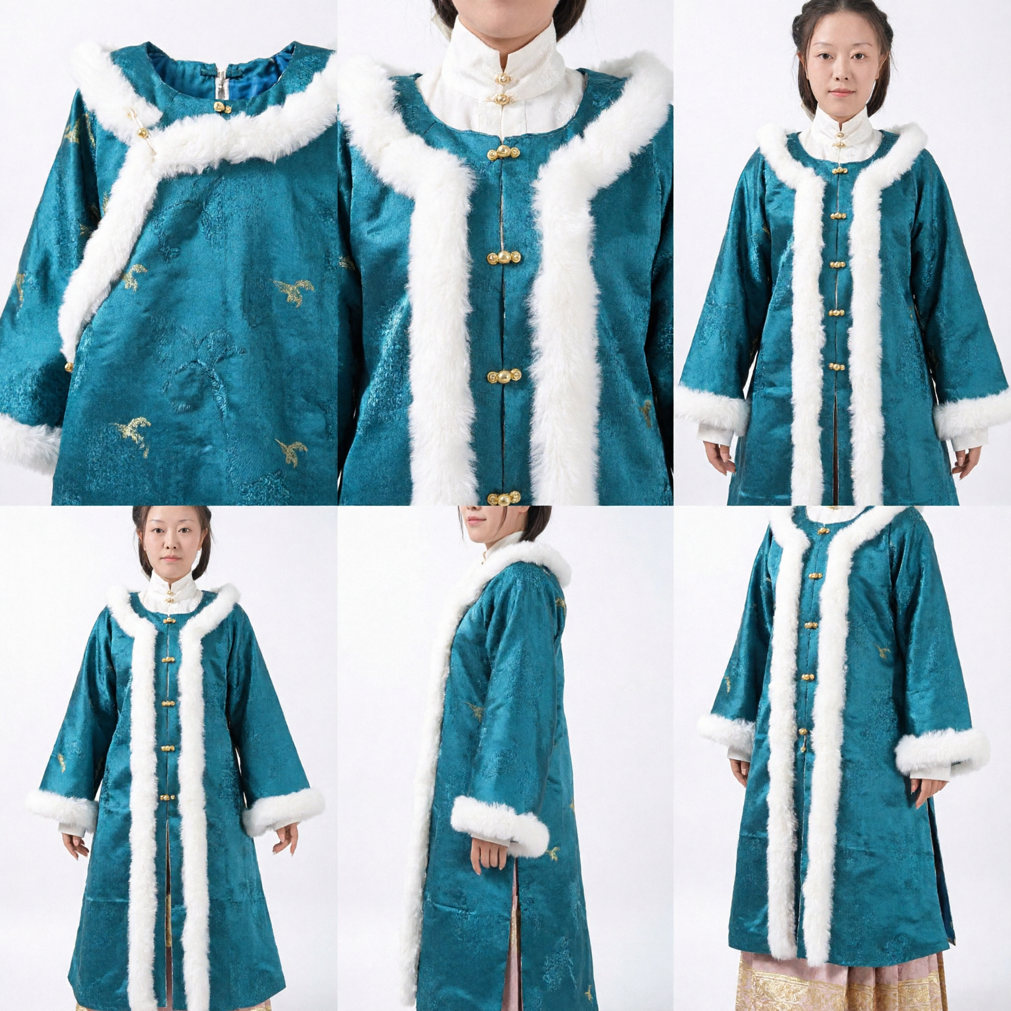 Traditional Chinese Hanfu Winter Cloak Teal Blue Brocade Cape with White Fur Trim for Women Historical Costume