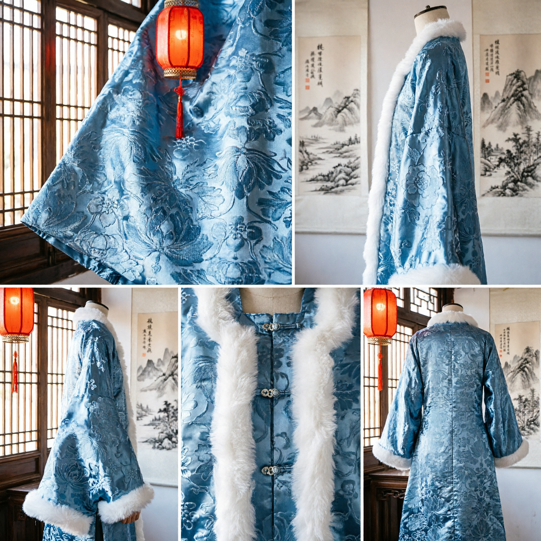Elegant Blue Winter Cheongsam Coat with White Fur Trim Traditional Chinese Tang Suit Dress for Women