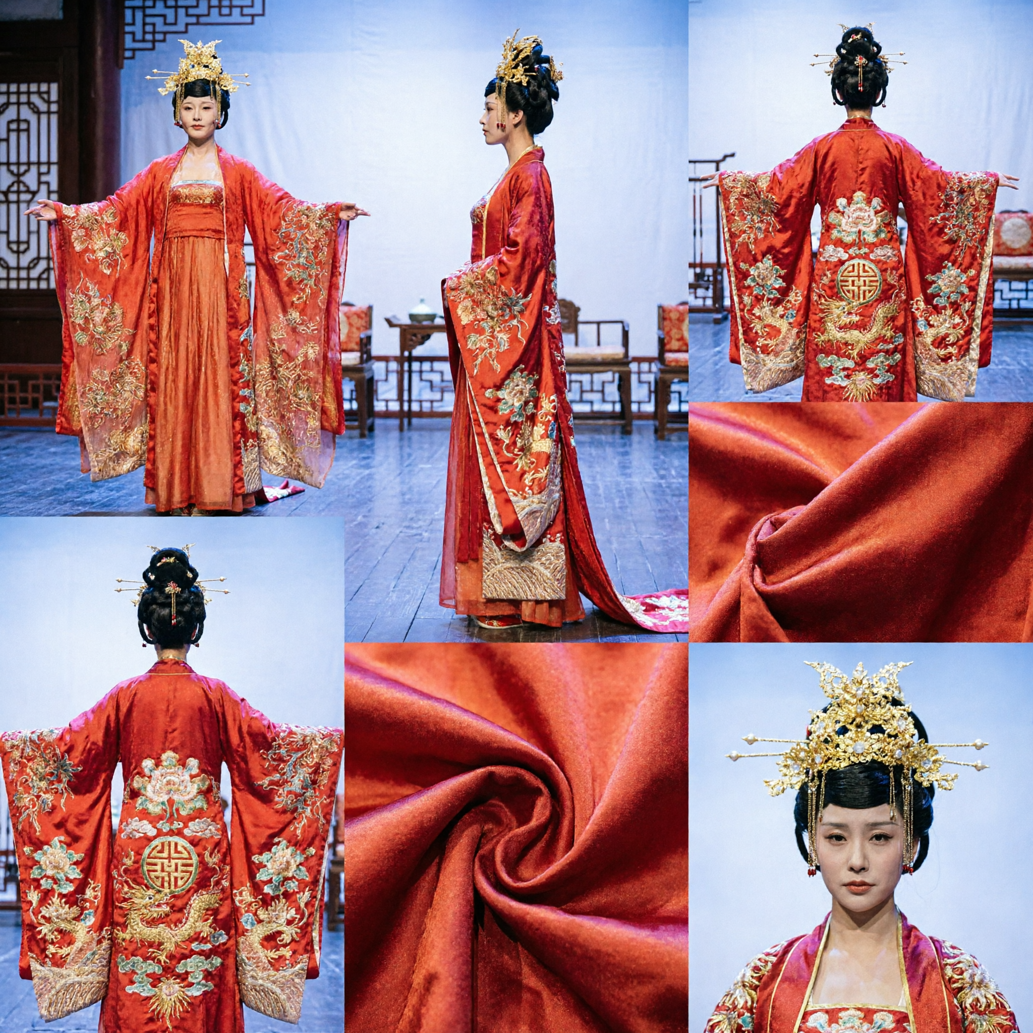 Ancient Chinese Tang Dynasty Empress Costume Red Hanfu Dress with Gold Embroidery for Women Stage Performance