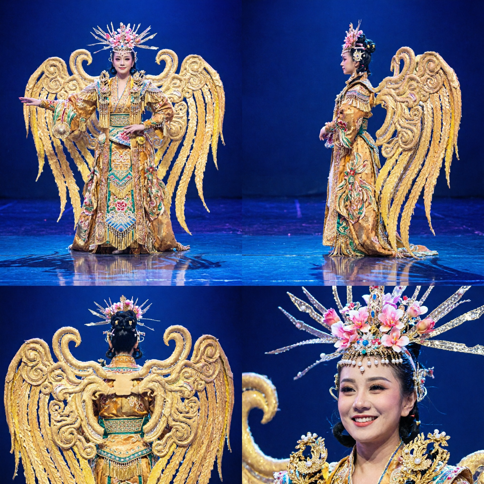 Professional Chinese Fantasy Stage Costume with Golden Wings and Scepter for Dance Drama Performance