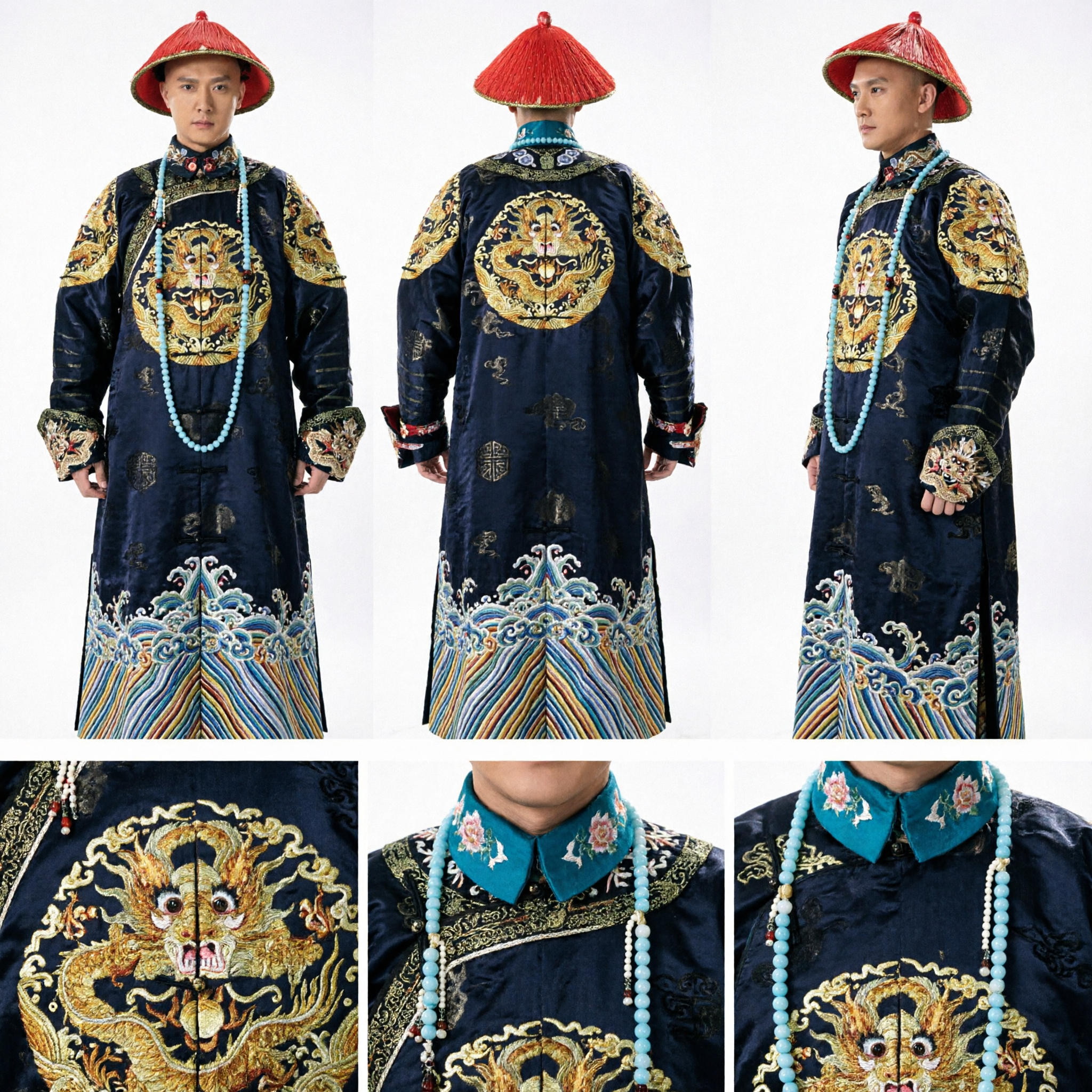 Men's Qing Dynasty Prince Costume Black Dragon Embroidery Robe Traditional Chinese Manchu Clothing for Cosplay