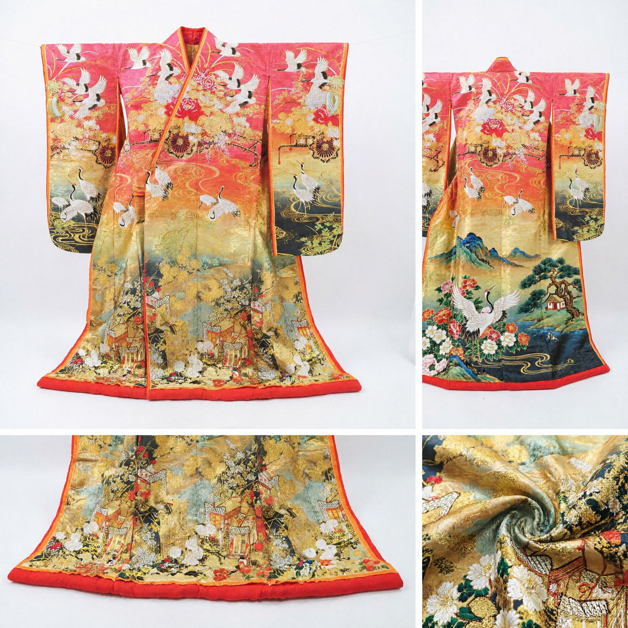 Luxurious Red and Gold Japanese Furisode Kimono with Auspicious Crane Embroidery for Women's Formal Wedding Attire