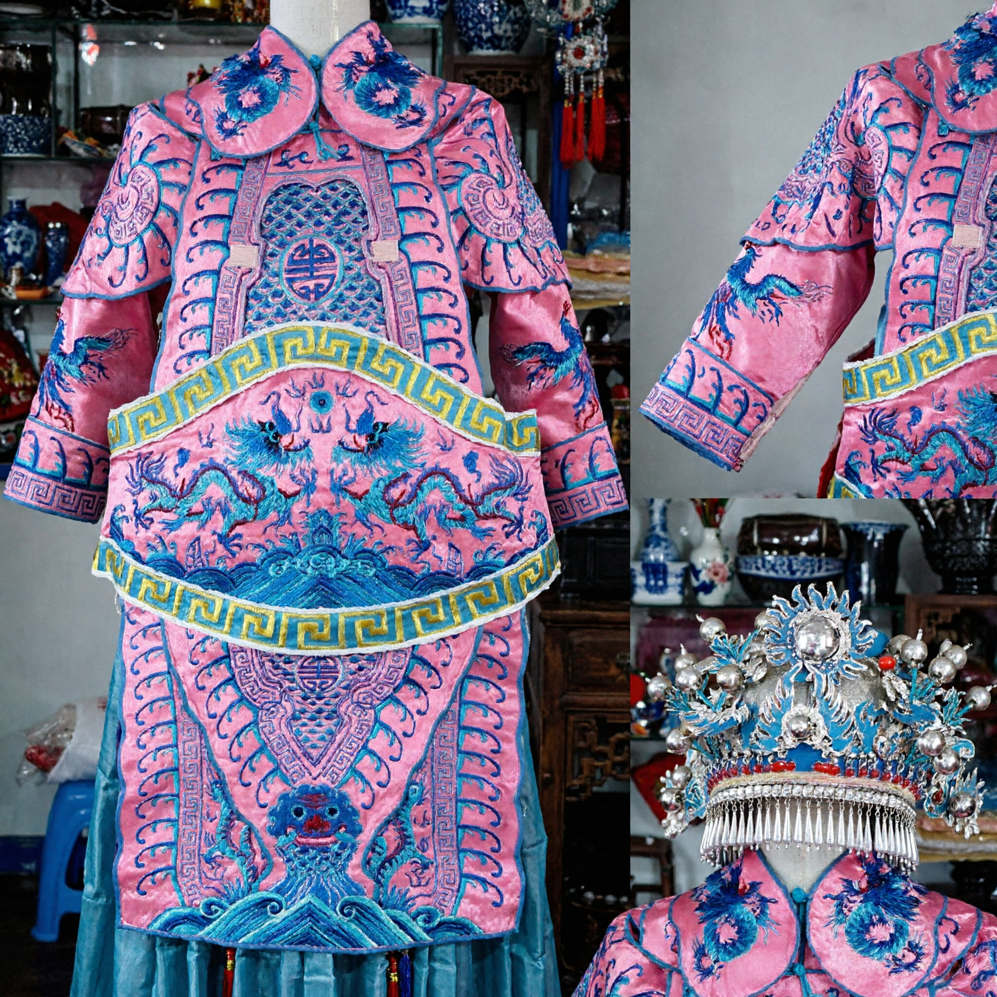 Traditional Peking Opera Costume Pink Embroidered Dragon Robe and Headdress Set for Stage Performance