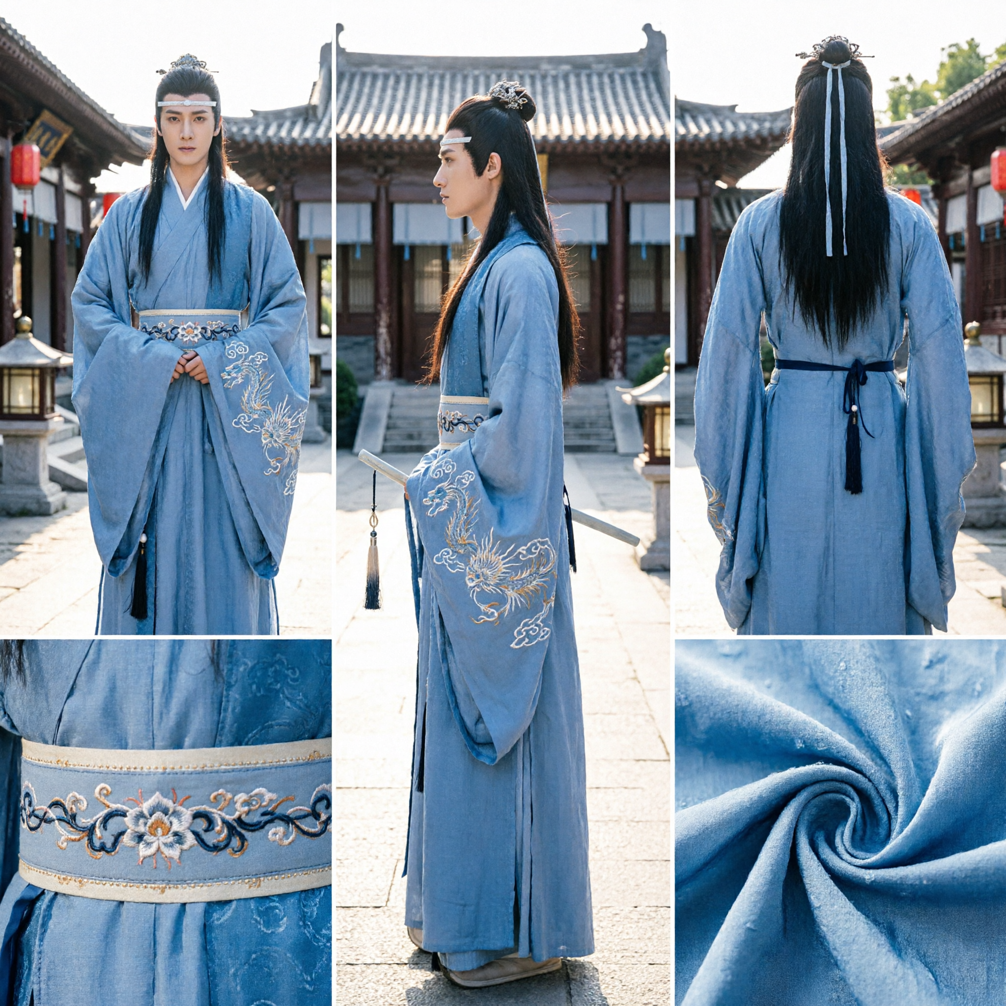 Ancient Chinese Blue Hanfu Costume for Men Traditional Scholar Robe Jin Dynasty Style Cosplay Outfit