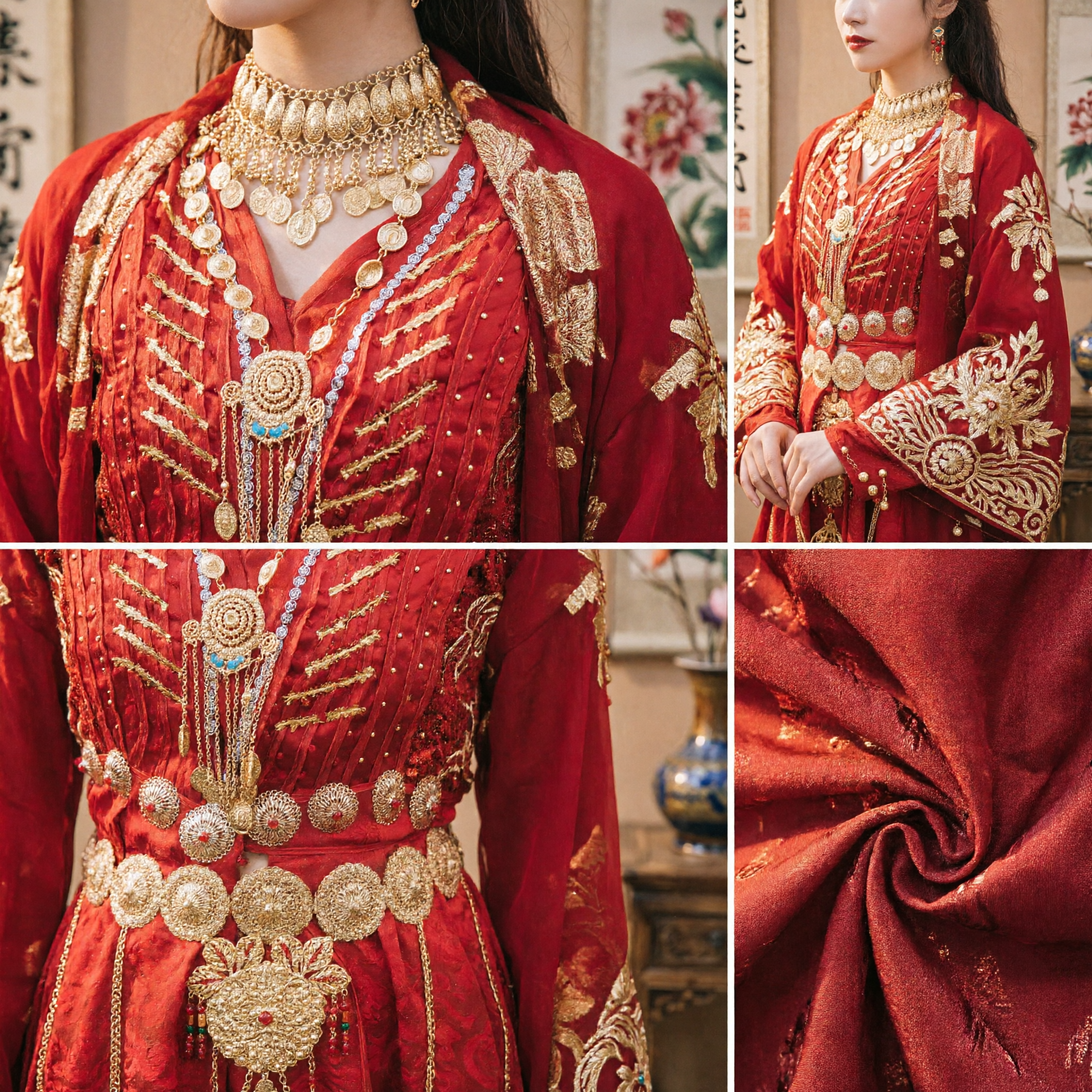 Ancient Chinese Red Ethnic Minority Princess Costume with Gold Jewelry Set for Women Photography Stage Performance